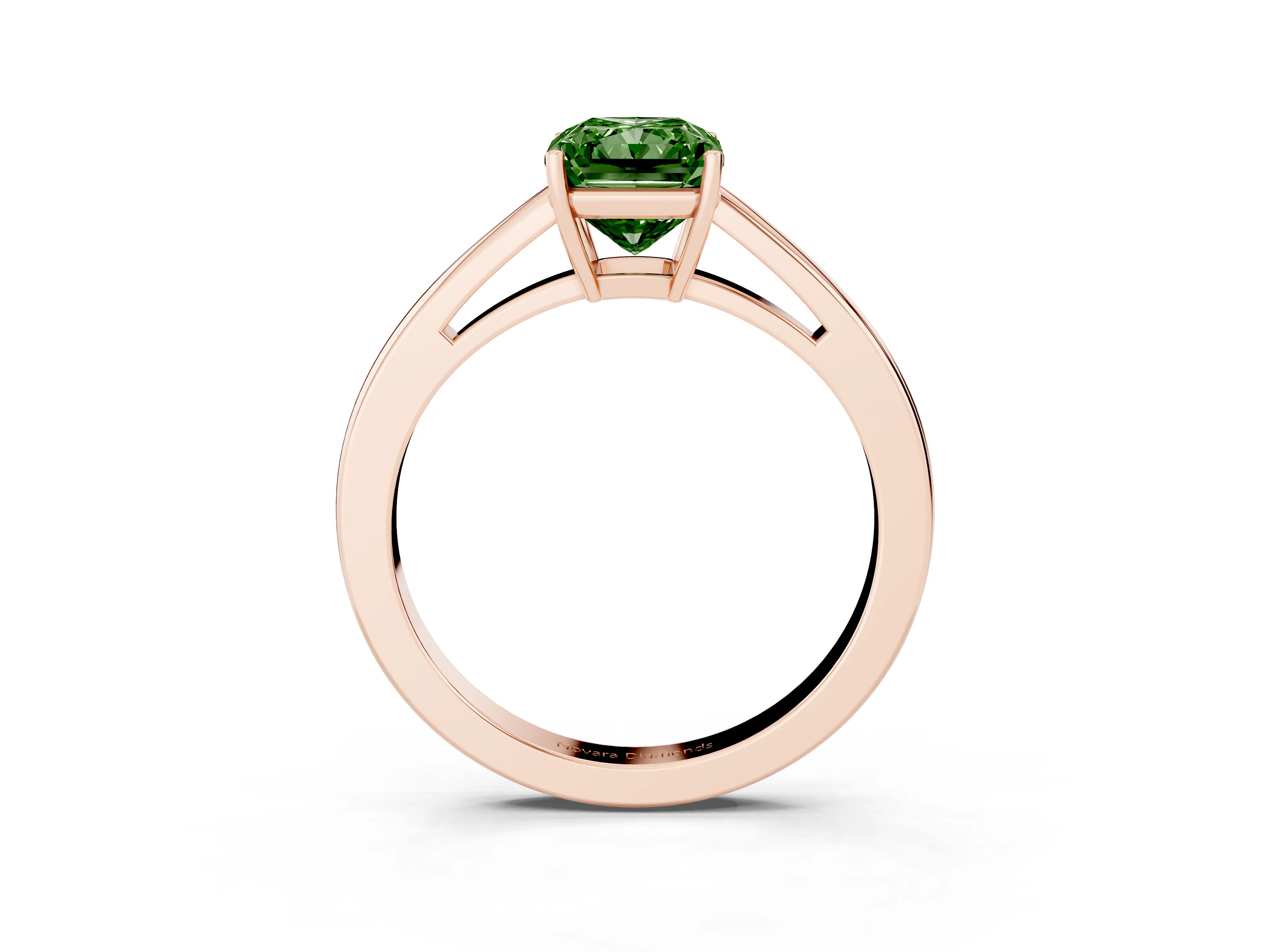 Fancy Green Radiant Cut Diamond Solitaire Ring Set in Rose gold with Split Shank and Prong Setting