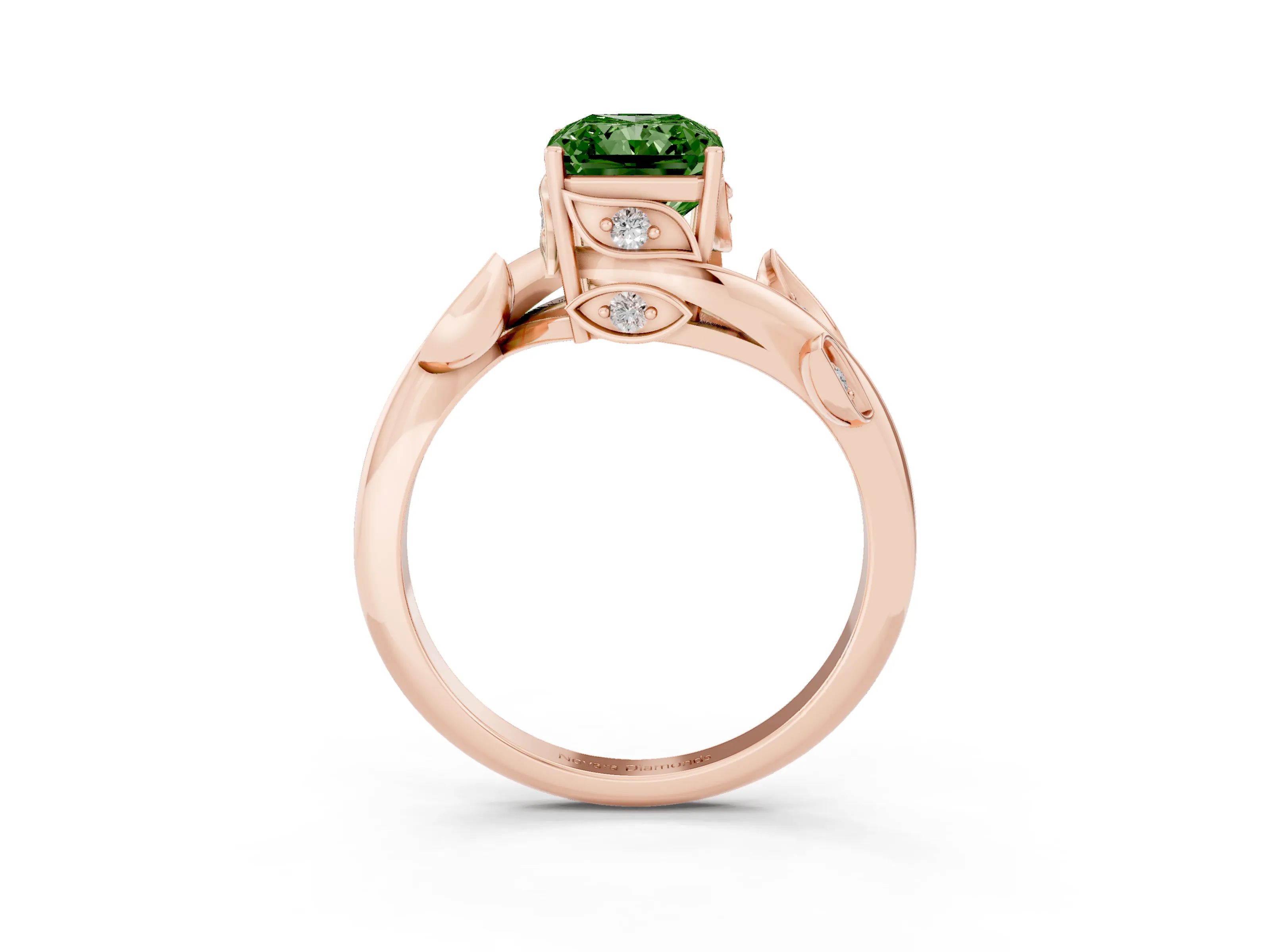 Fancy Green Radiant Cut Diamond Solitaire Twist Engagement Ring Set in Rose gold with Pavé Leaf Accents