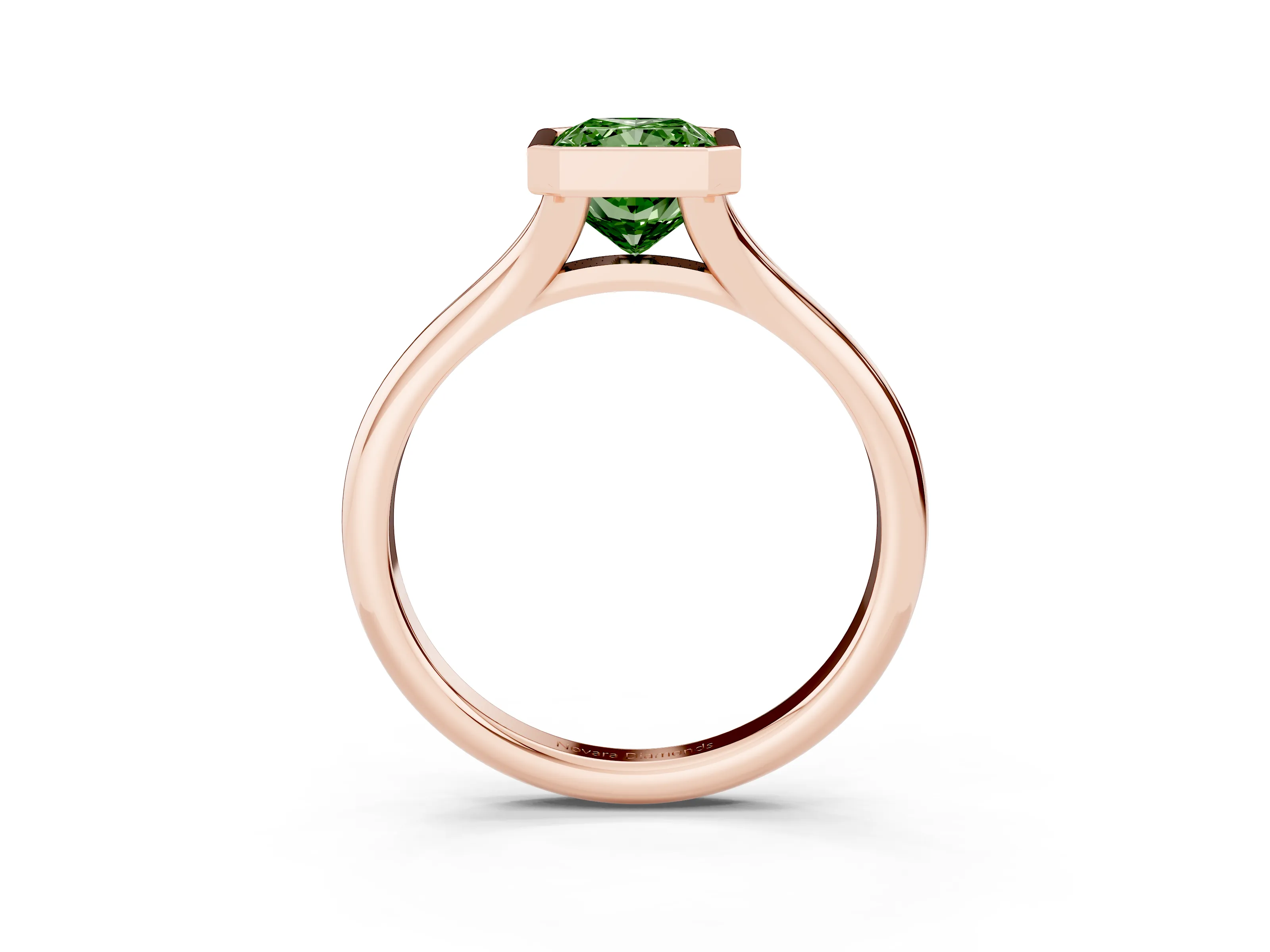 Fancy Green Bezel Set Radiant Cut Diamond Solitaire Ring Set in Rose gold with Smooth Band