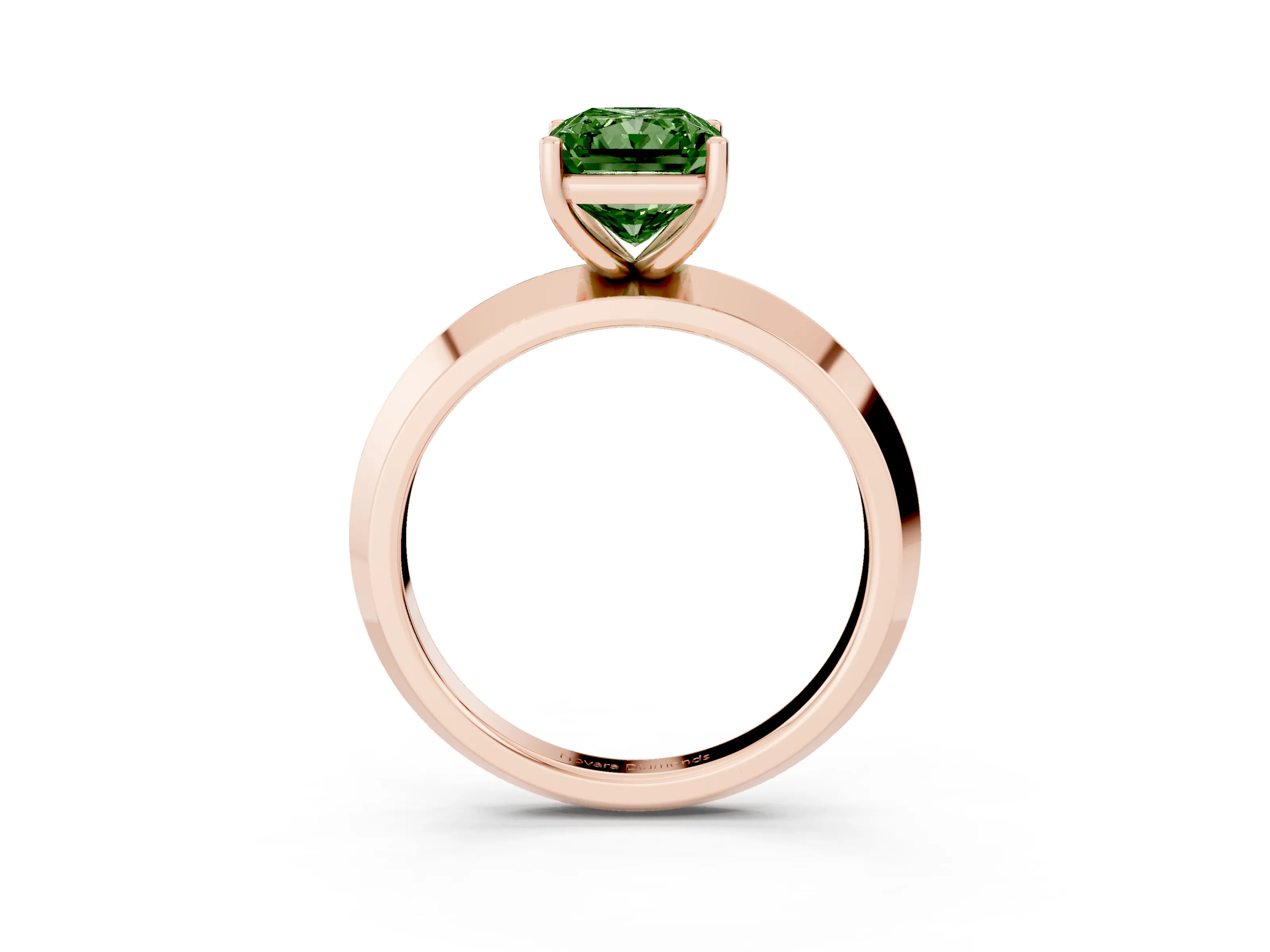Fancy Green Radiant Cut Diamond Solitaire Engagement Ring Set in Rose gold with Flat Band and Prong Setting