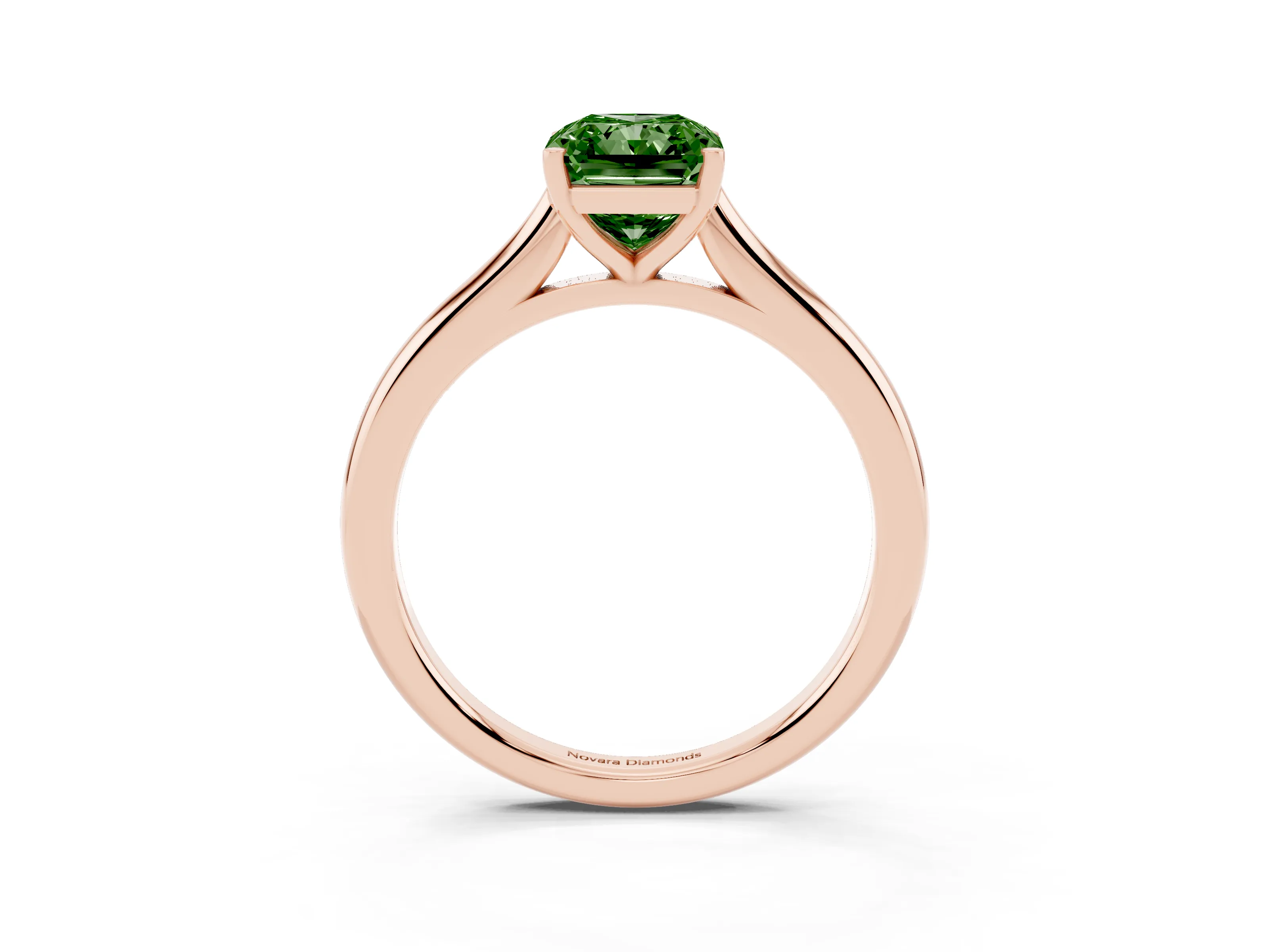 Fancy Green Radiant Cut Diamond Solitaire Ring Set in Rose gold with Cathedral Band and Prong Setting