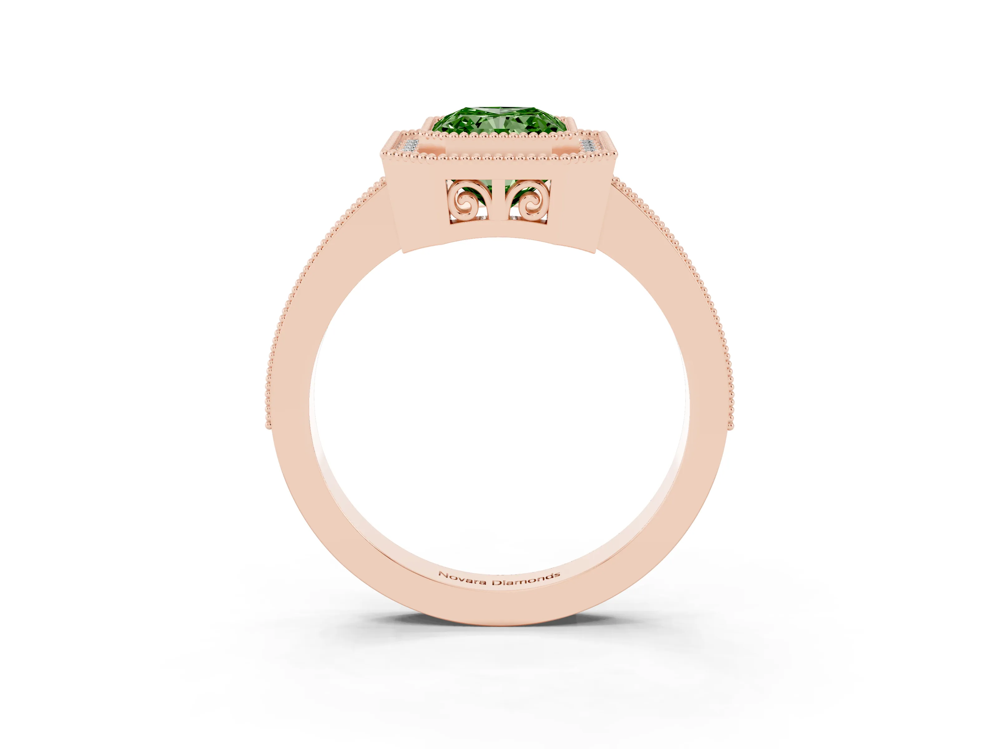 Fancy Green Radiant Cut Diamond Round Halo Ring Set in Rose gold with Pavé Band