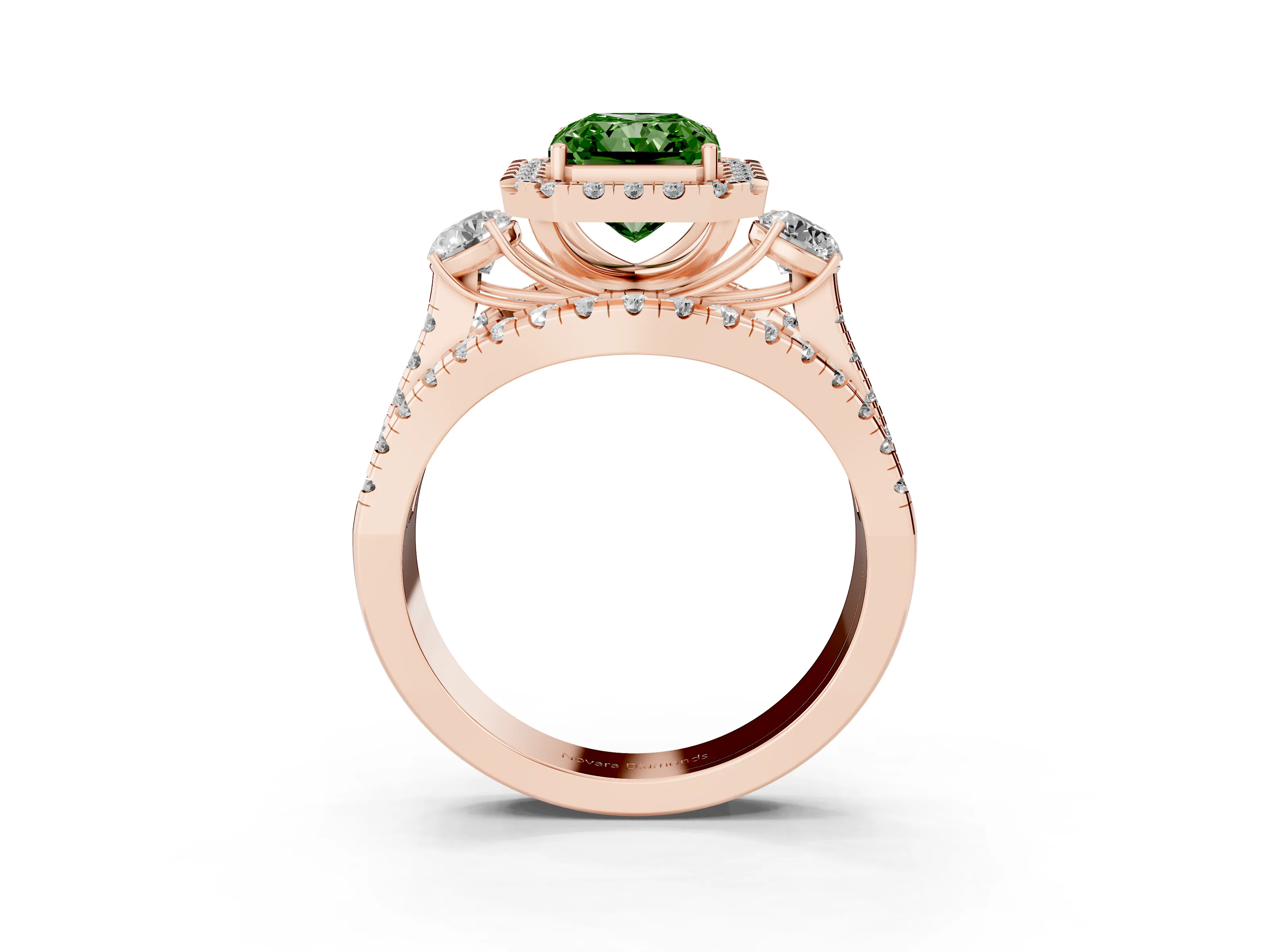 Fancy Green Radiant Cut Diamond Halo Split Shank Ring Set in Rose gold with Round Accent Stones and Prong Setting