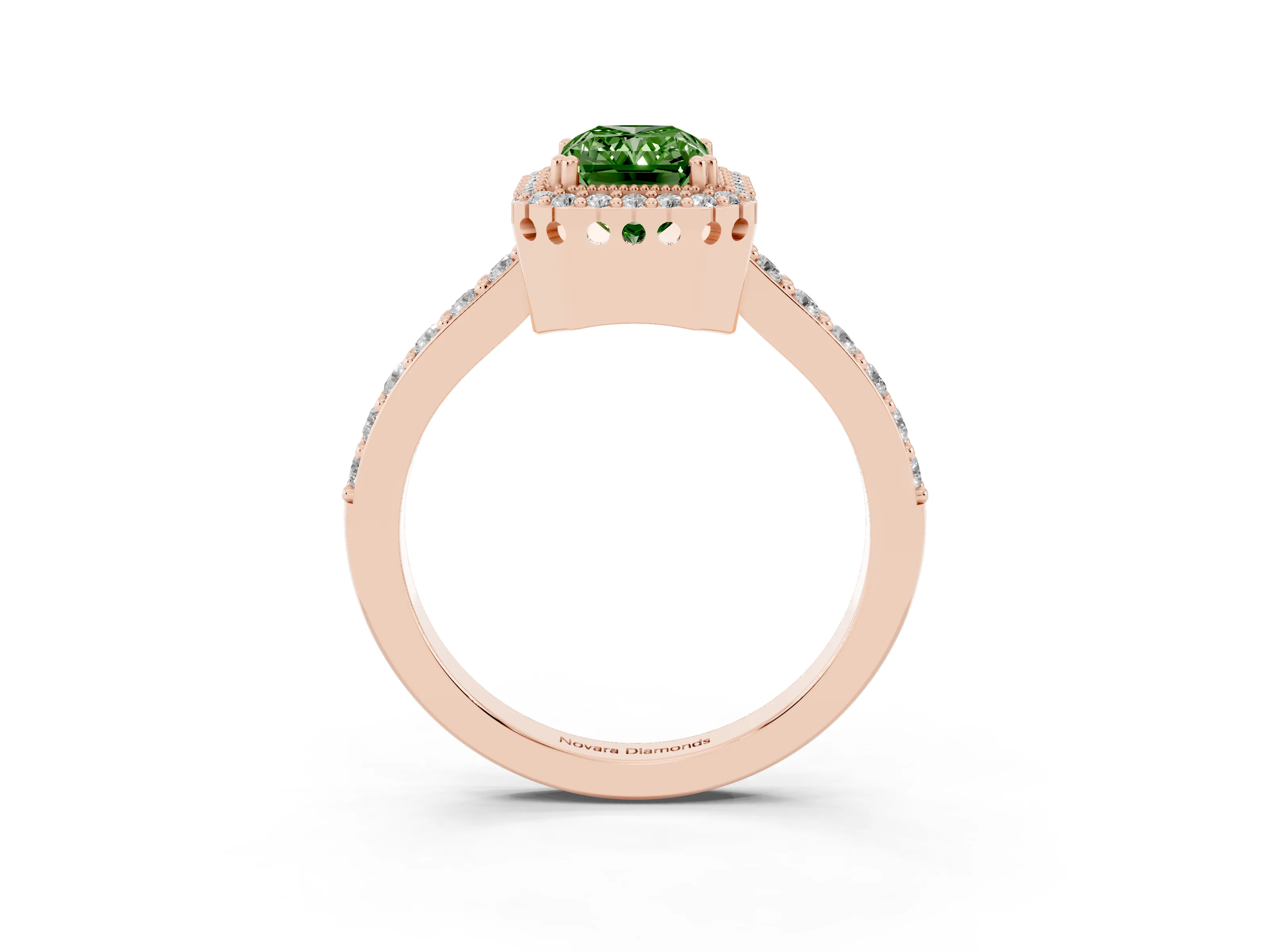 Fancy Green Radiant Cut Diamond Halo Engagement Ring Set in Rose gold with Milgrain Detail and Pavé Band