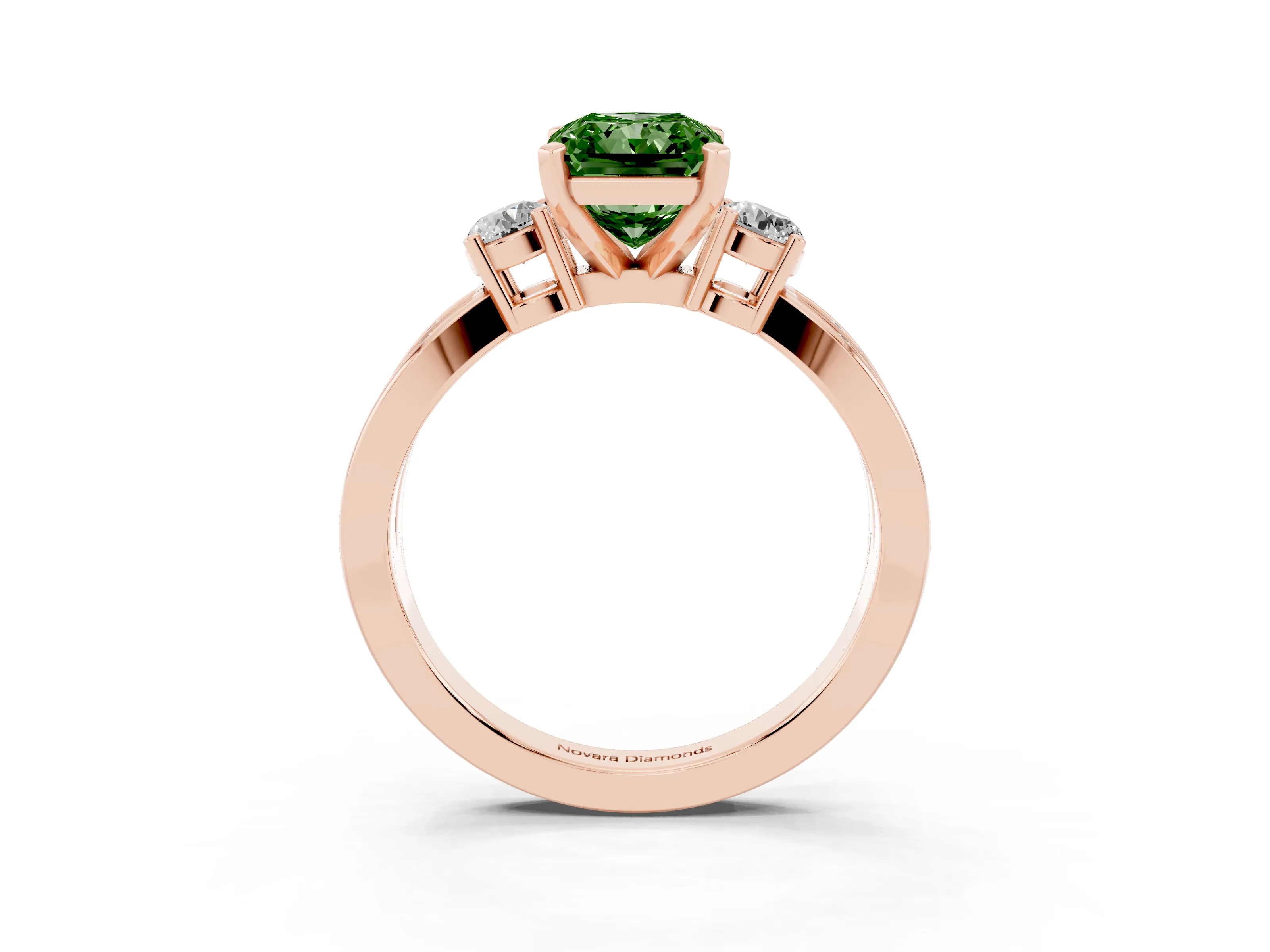 Fancy Green Three-Stone Radiant Cut Diamond Twist Band Ring Set in Rose gold with Pavé Accents and Prong Setting
