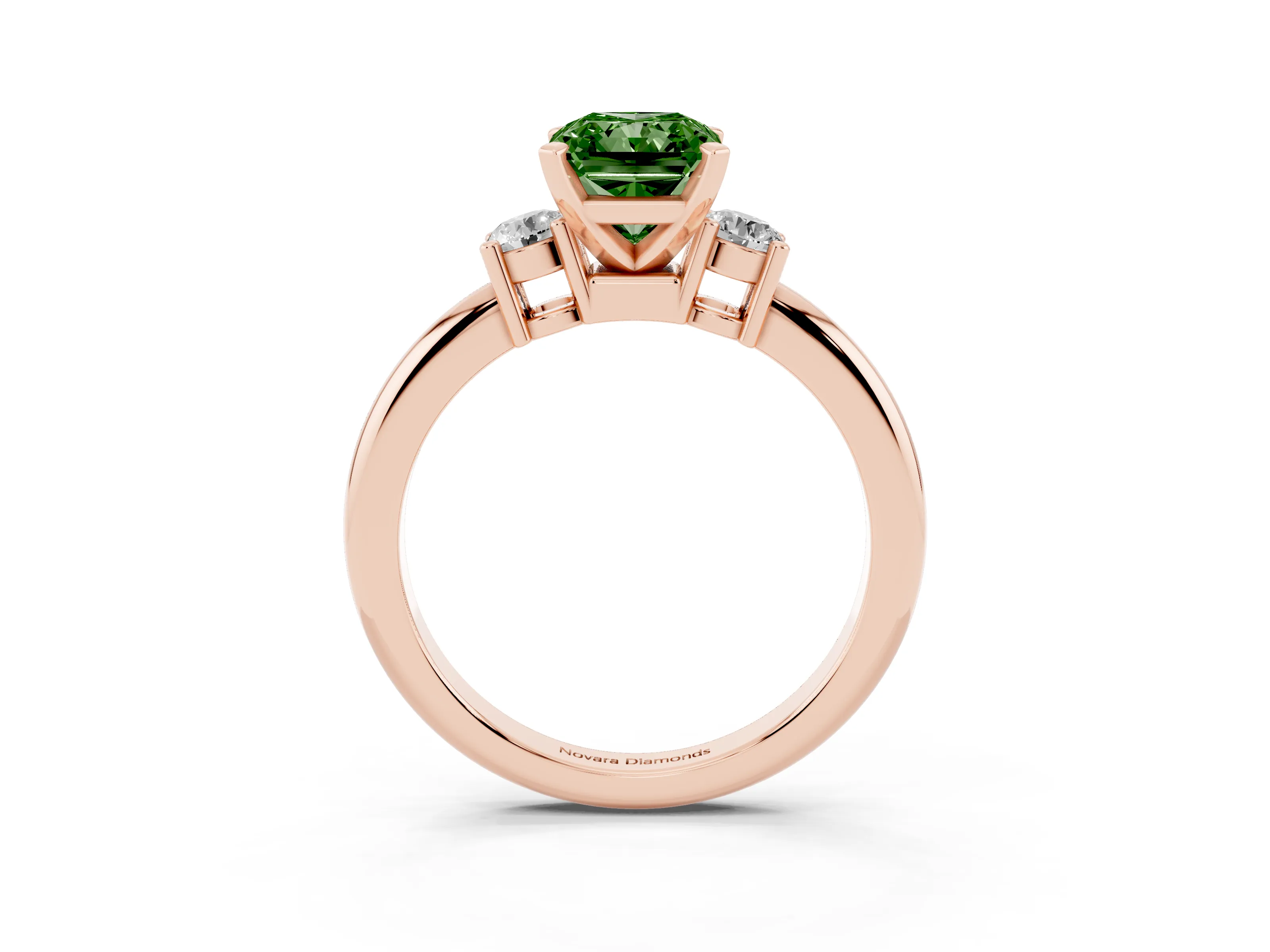 Fancy Green Three-Stone Radiant Cut Diamond Ring Set in Rose gold with Prong Setting and Plain Band