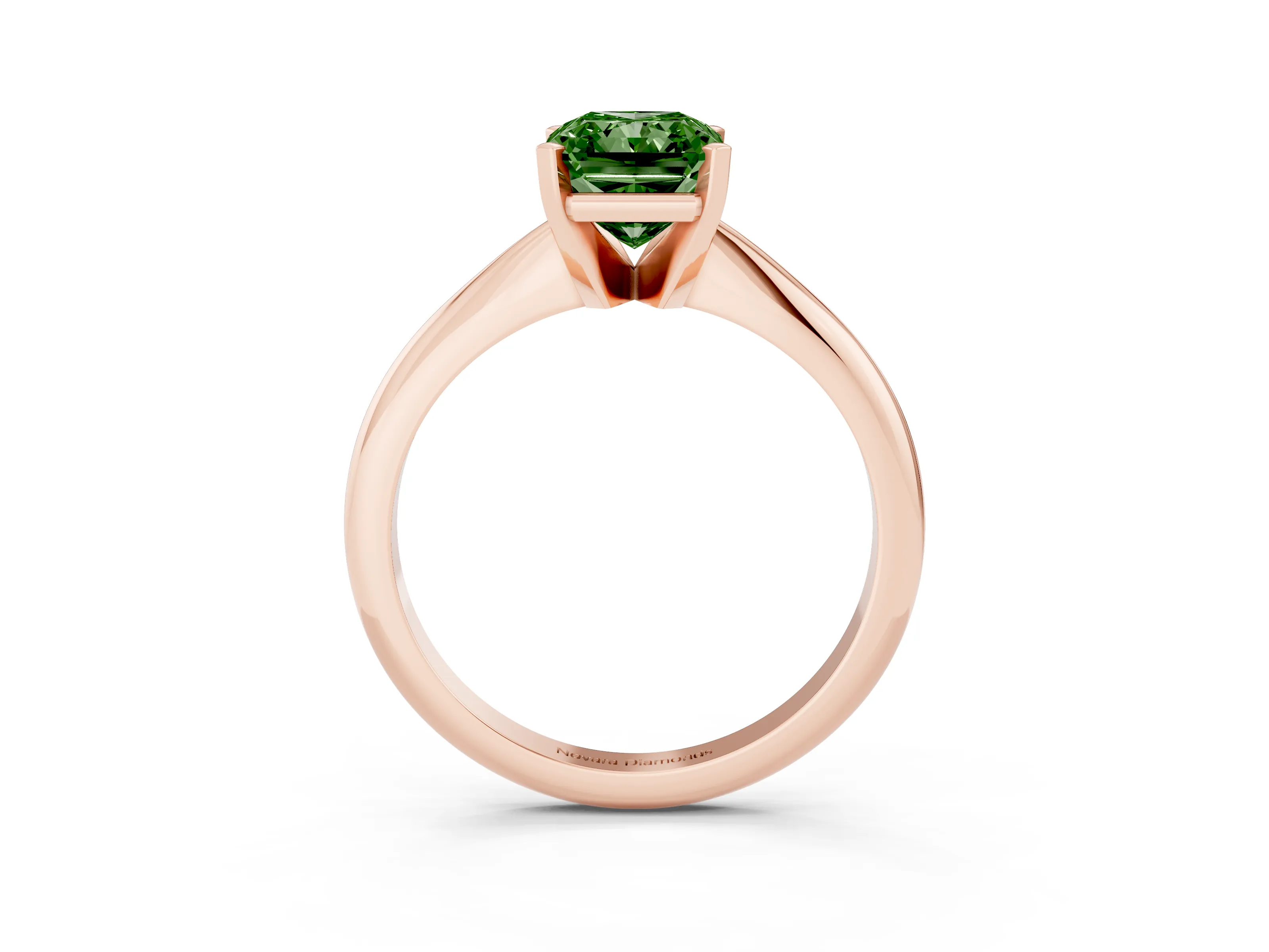 Fancy Green Radiant Cut Diamond Solitaire Ring Set in Rose gold with Prong Setting on a Plain Round Band
