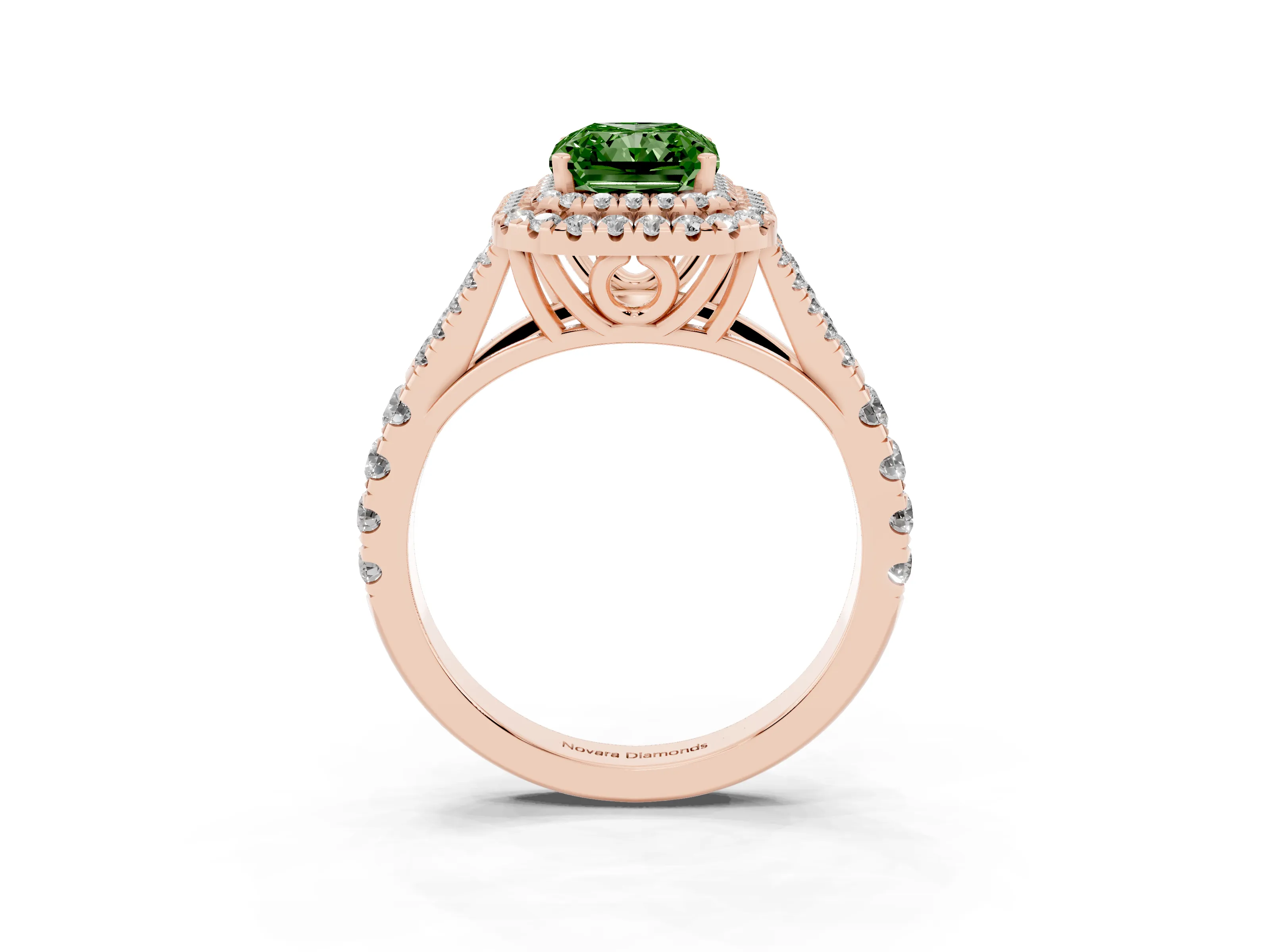 Fancy Green Radiant Cut Diamond Pavé Split Shank Double Halo Engagement Ring Set in Rose gold