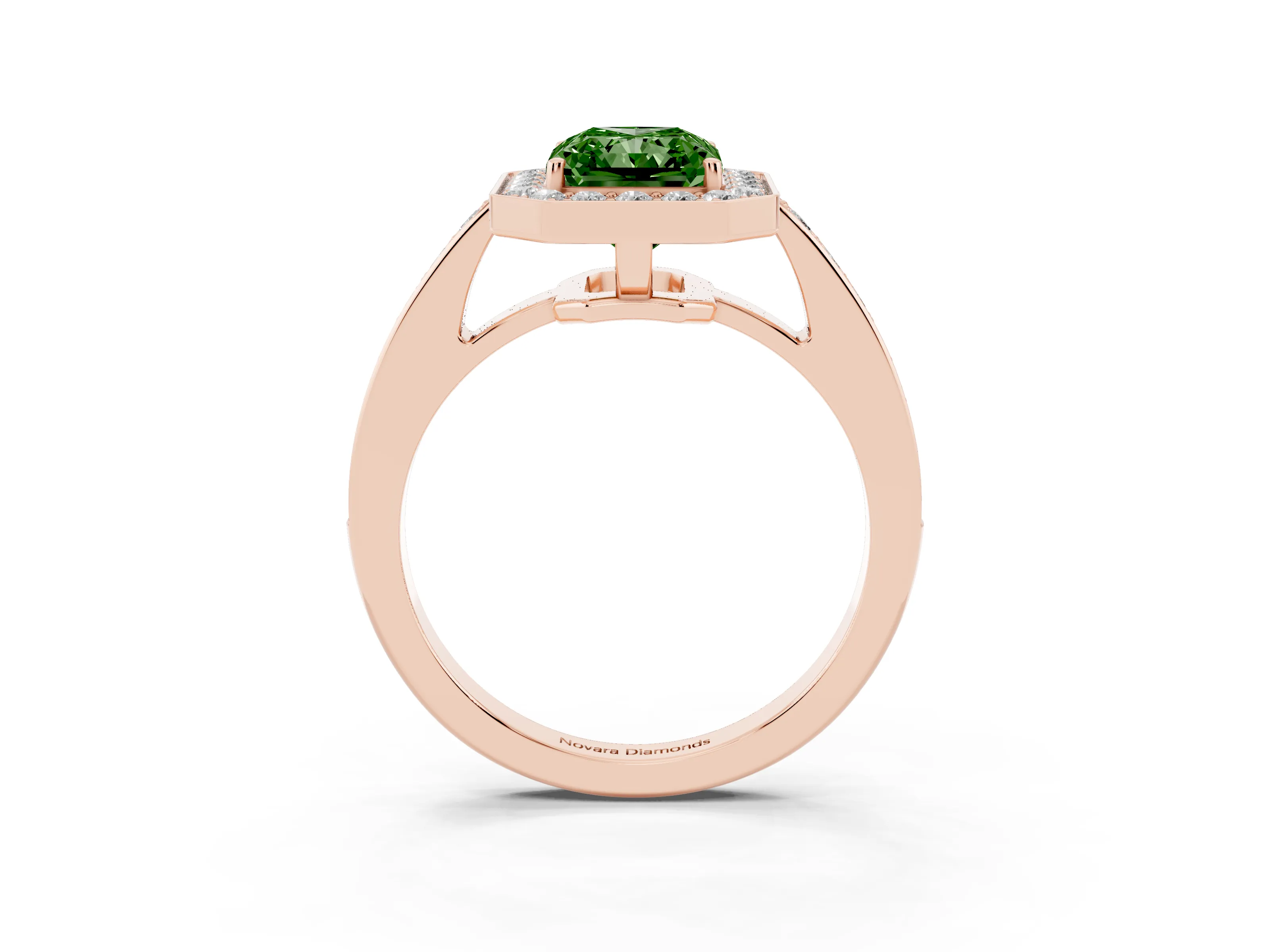 Fancy Green Radiant Cut Diamond Halo Pavé Engagement Ring Set in Rose gold with Bezel Setting