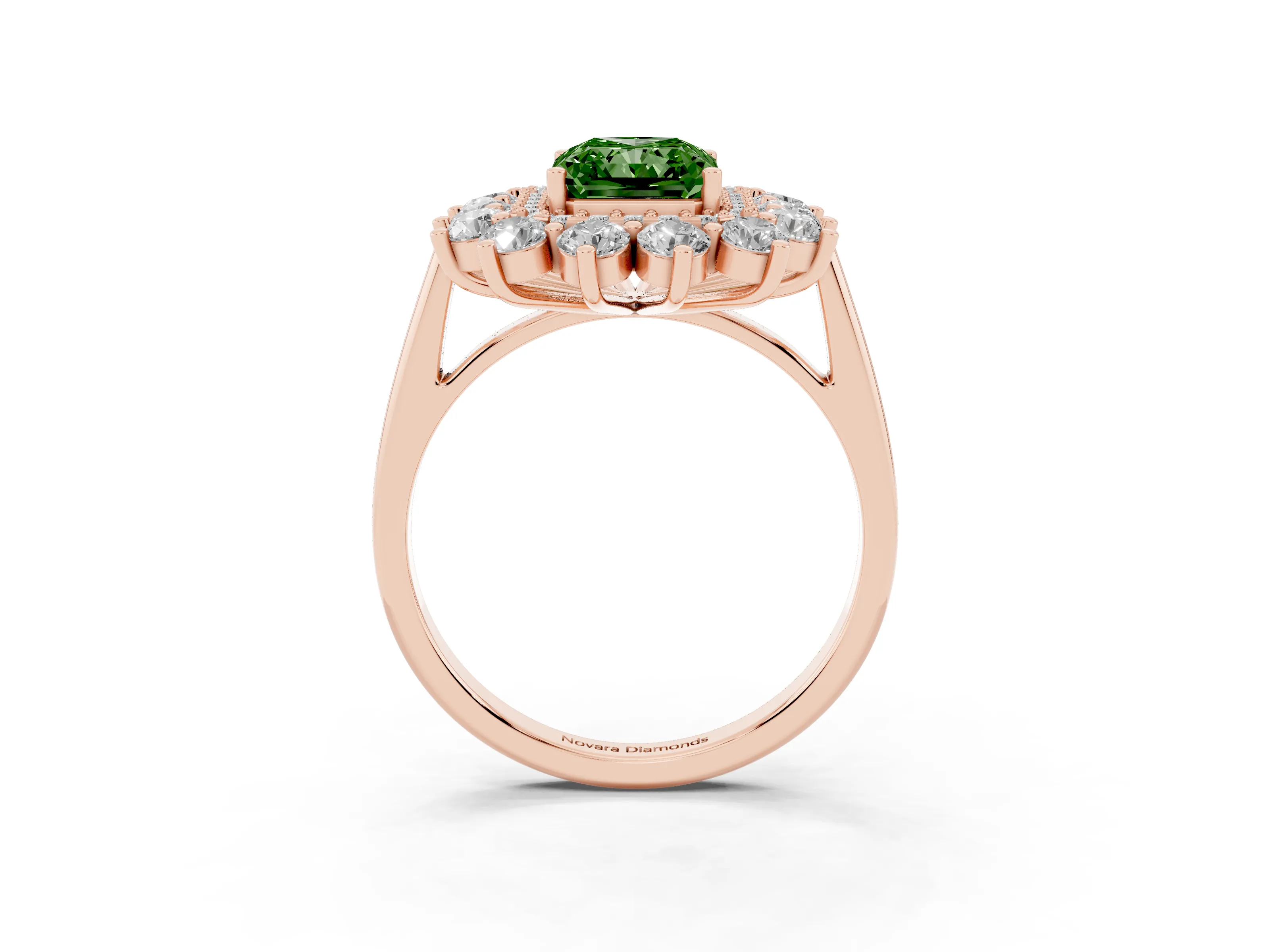 Fancy Green Radiant Cut Diamond Floral Double Halo Ring Set in Rose gold with Round Petals