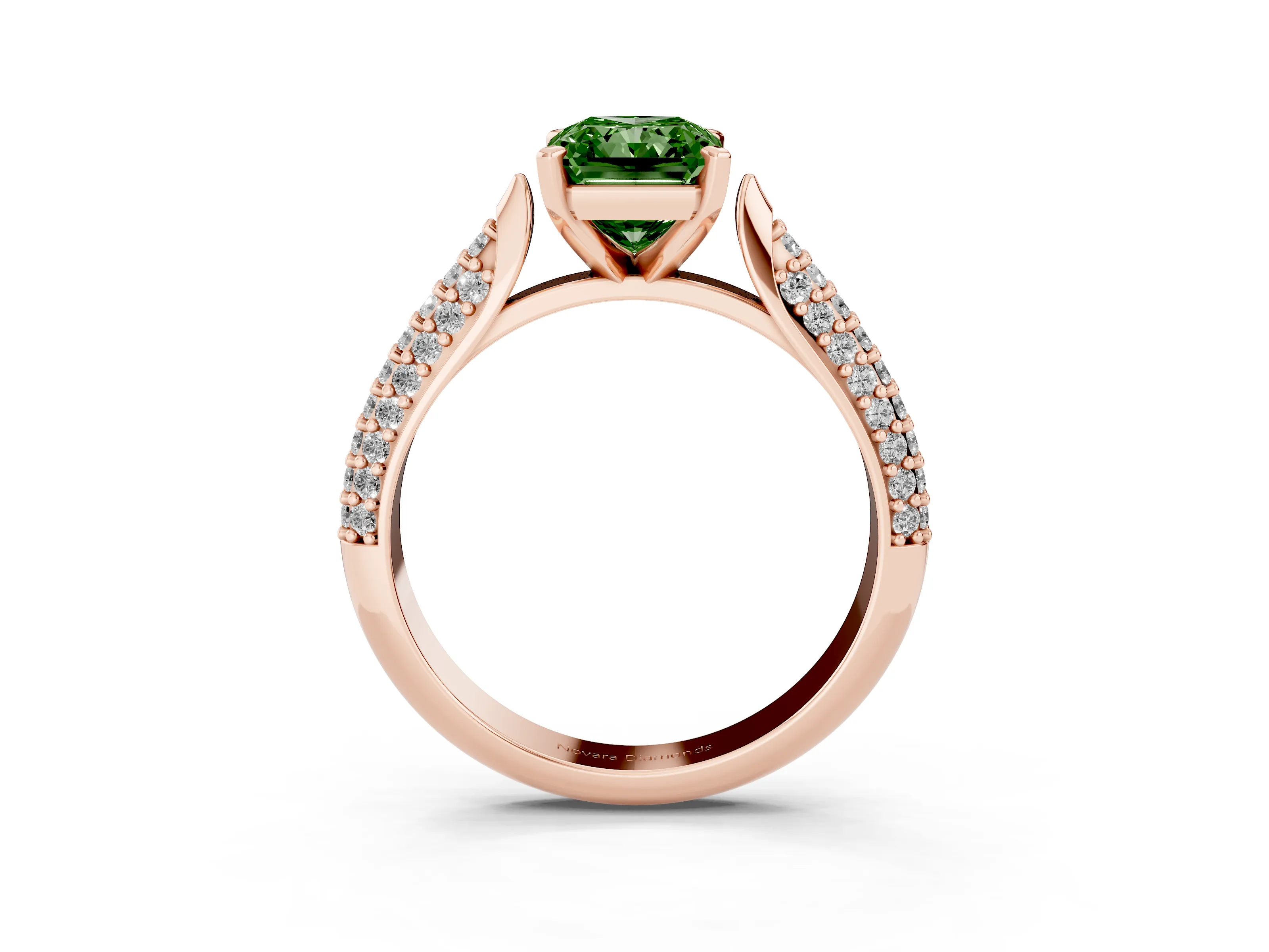 Fancy Green Radiant Cut Diamond Solitaire Engagement Ring Set in Rose gold with Multi-Row Round Pavé Band and Prong Setting
