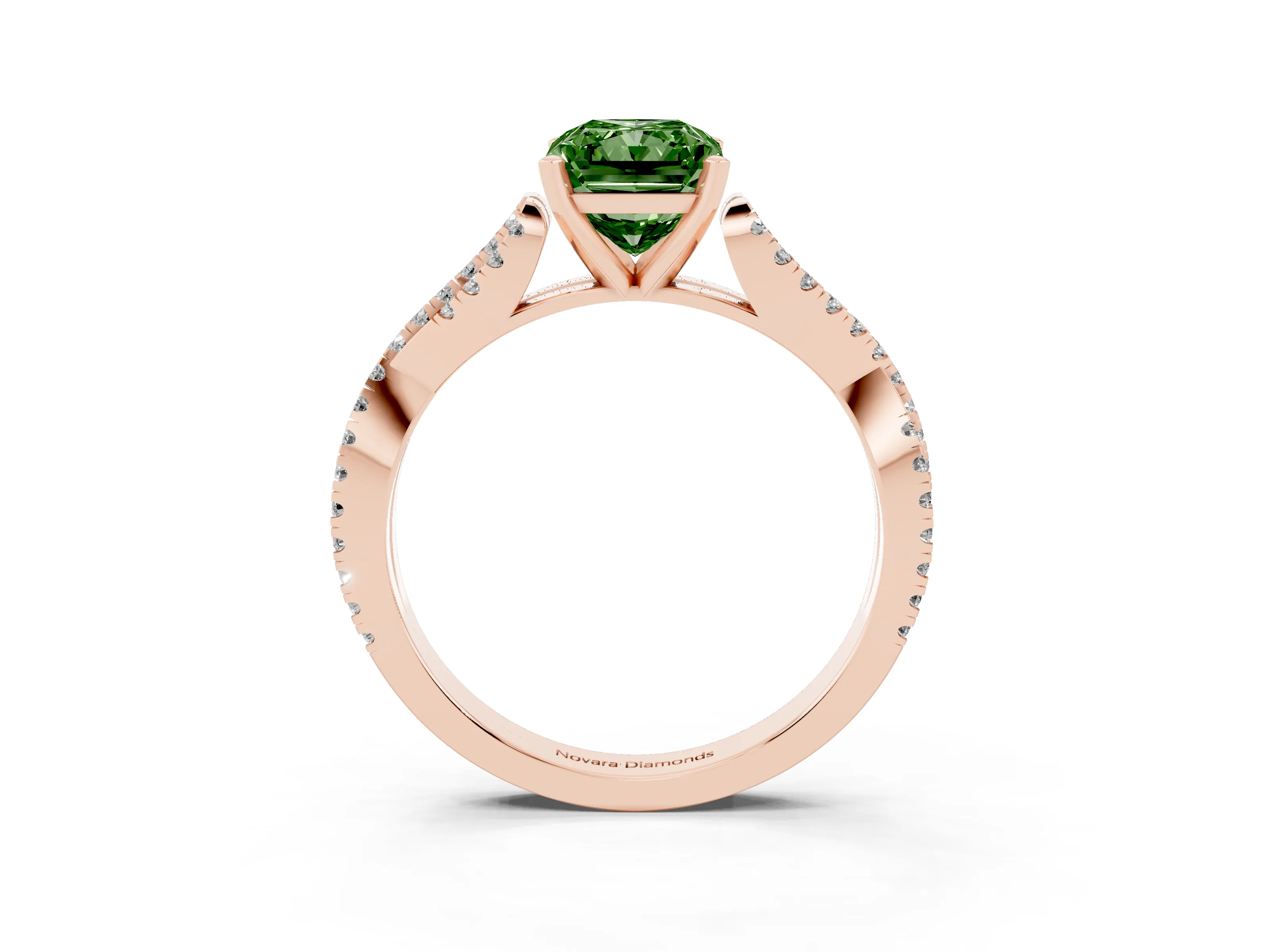 Fancy Green Radiant Cut Diamond Solitaire Engagement Ring Set in Rose gold with Twisted Pavé Band and Prong Setting