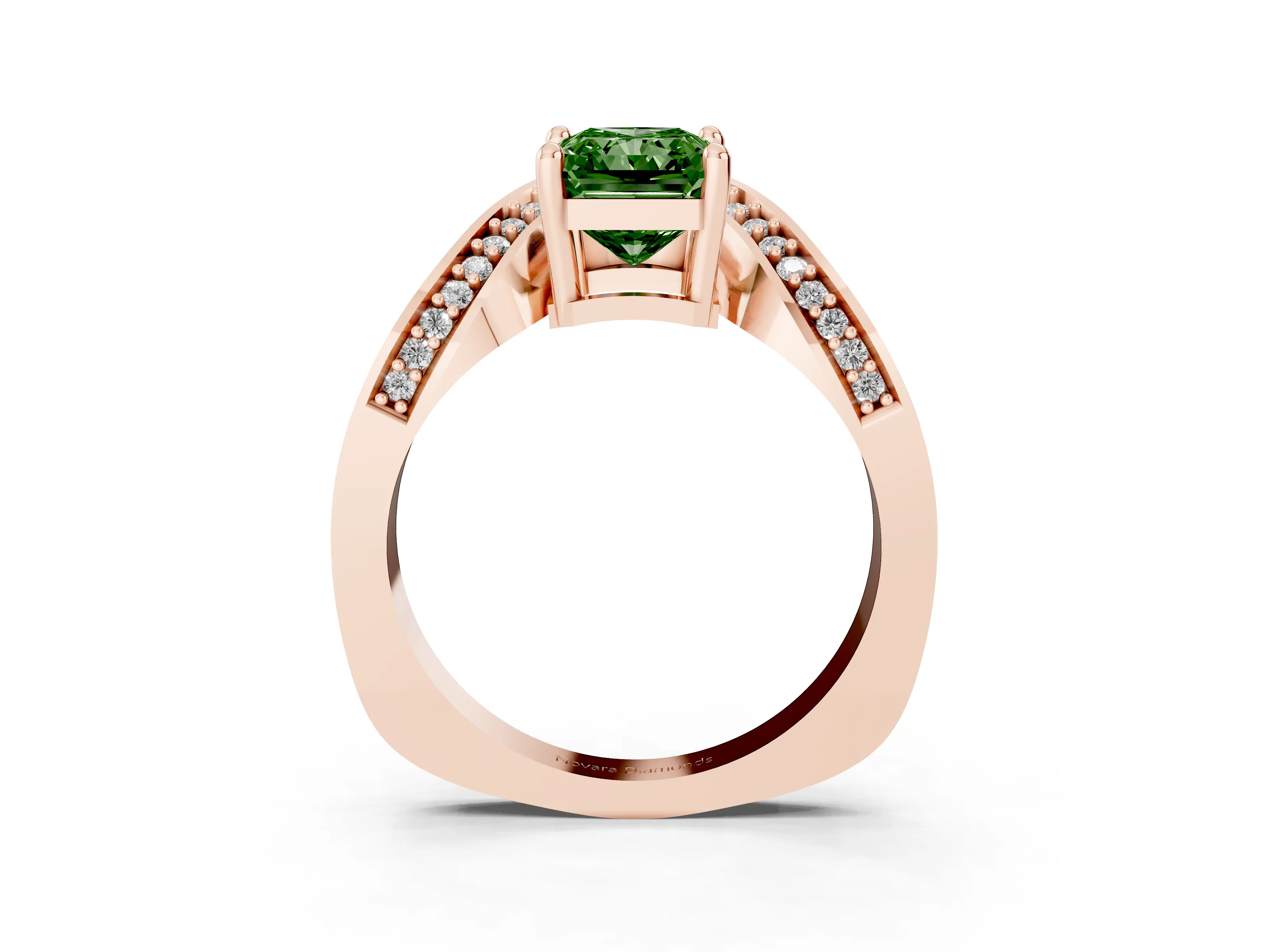 Fancy Green Radiant Cut Diamond Solitaire Engagement Ring Set in Rose gold with Pavé Shoulders