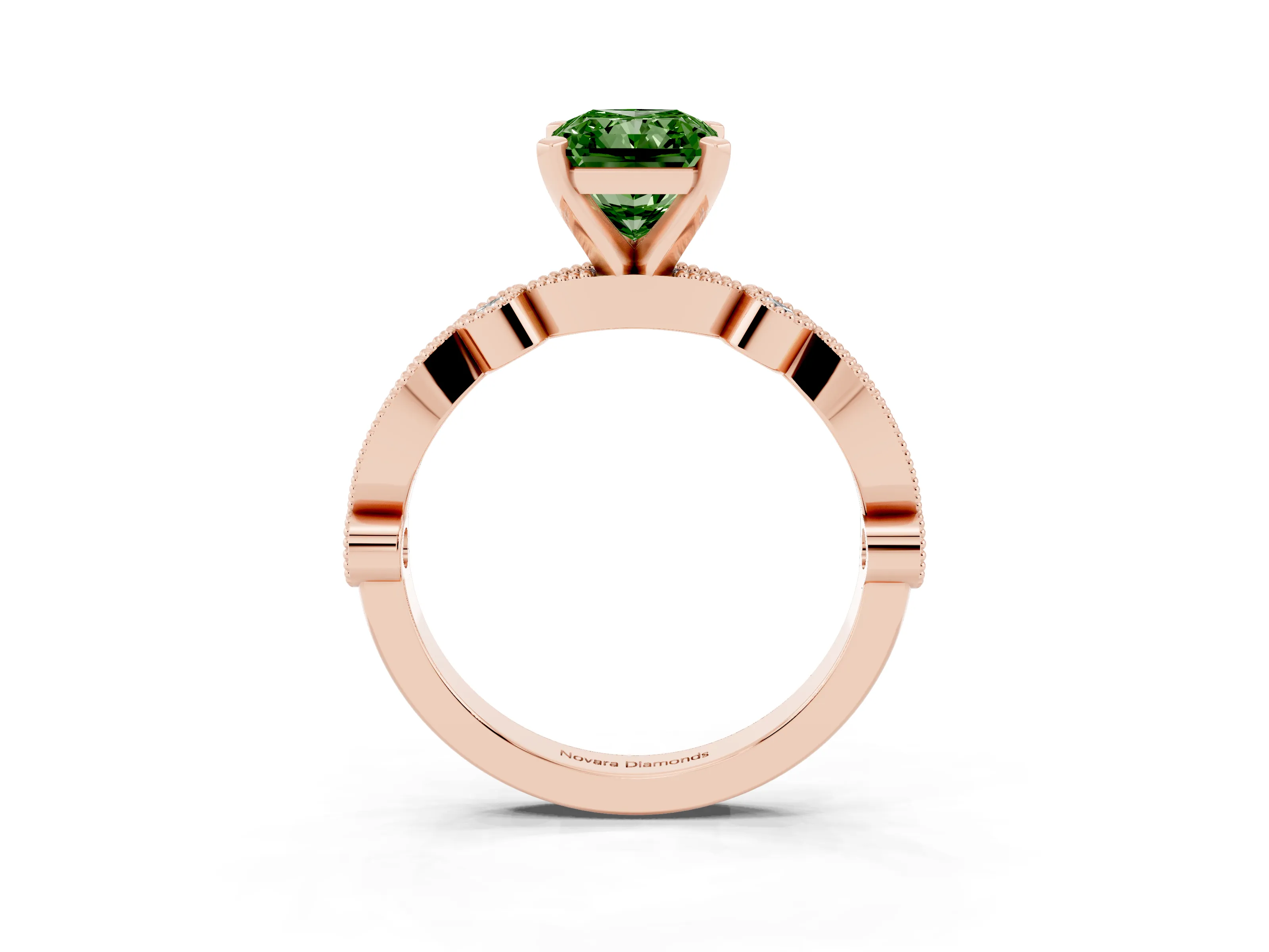 Fancy Green Radiant Cut Diamond Solitaire Engagement Ring Set in Rose gold with Milgrain Bezel Accent Band
