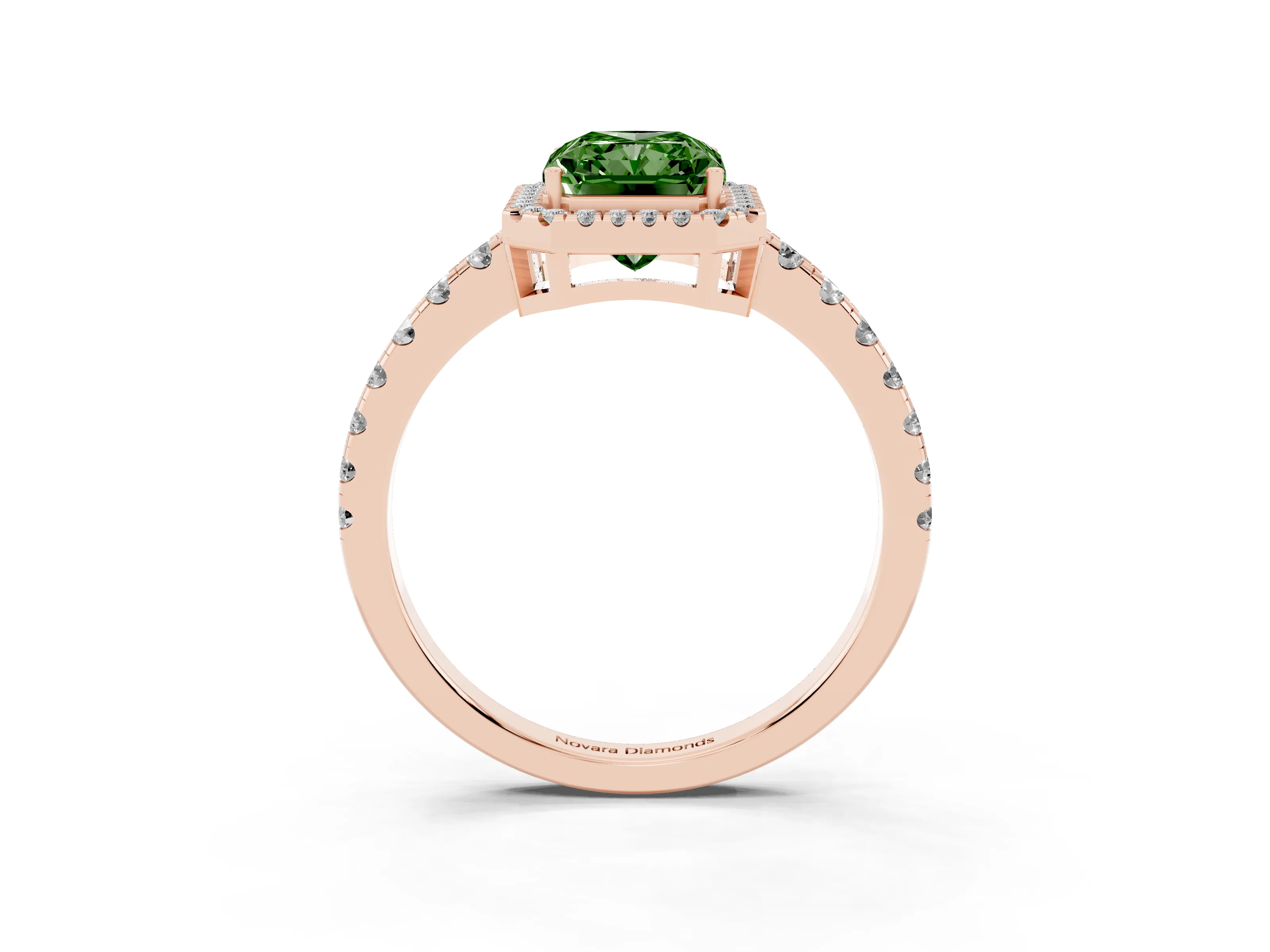Fancy Green Radiant Cut Diamond Halo Ring Set in Rose gold with Delicate Pavé Band and Prong Setting