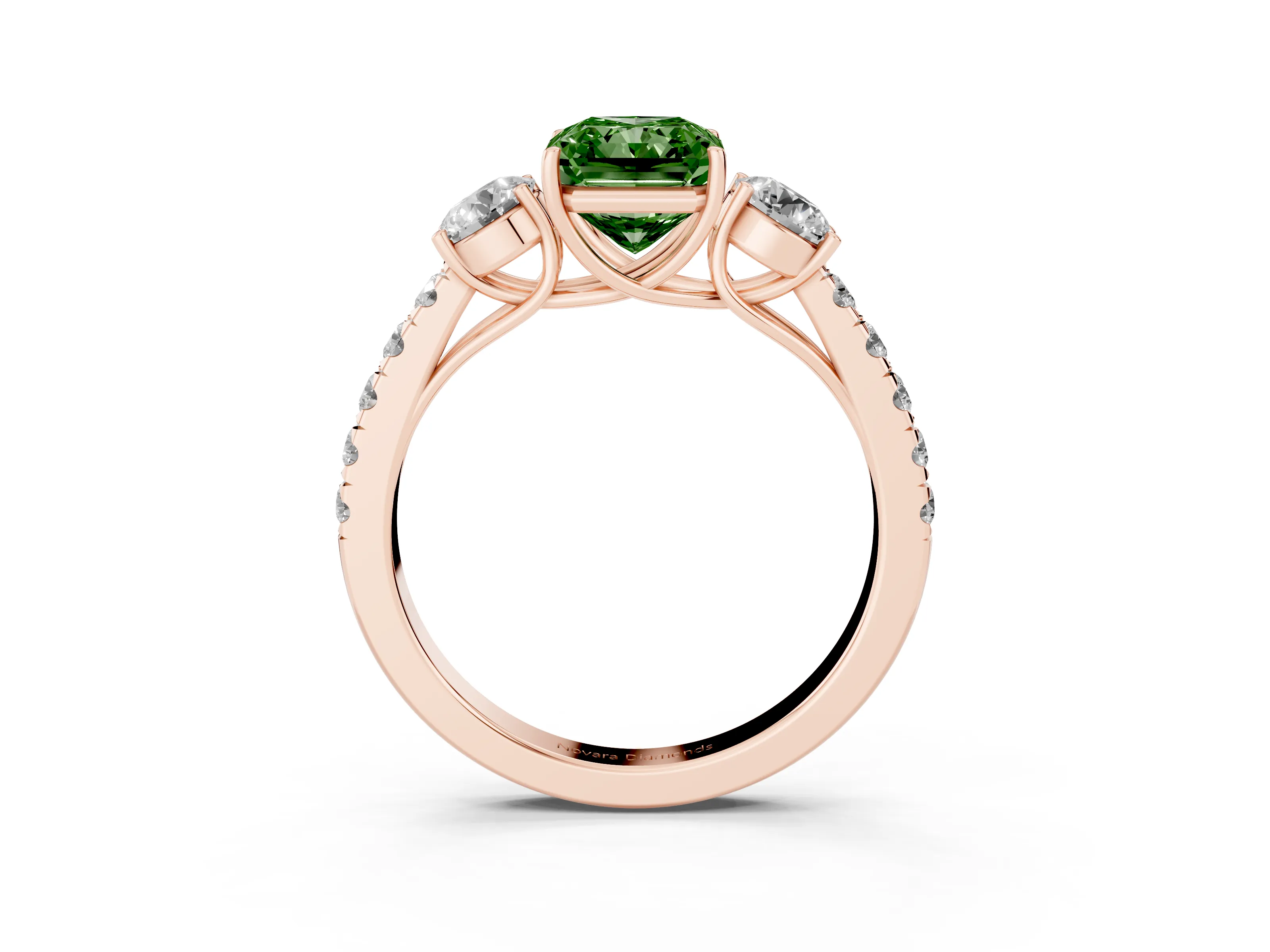 Fancy Green Radiant Cut Diamond Three-Stone Ring Set in Rose gold with Round Side Stones and Delicate Pavé Band