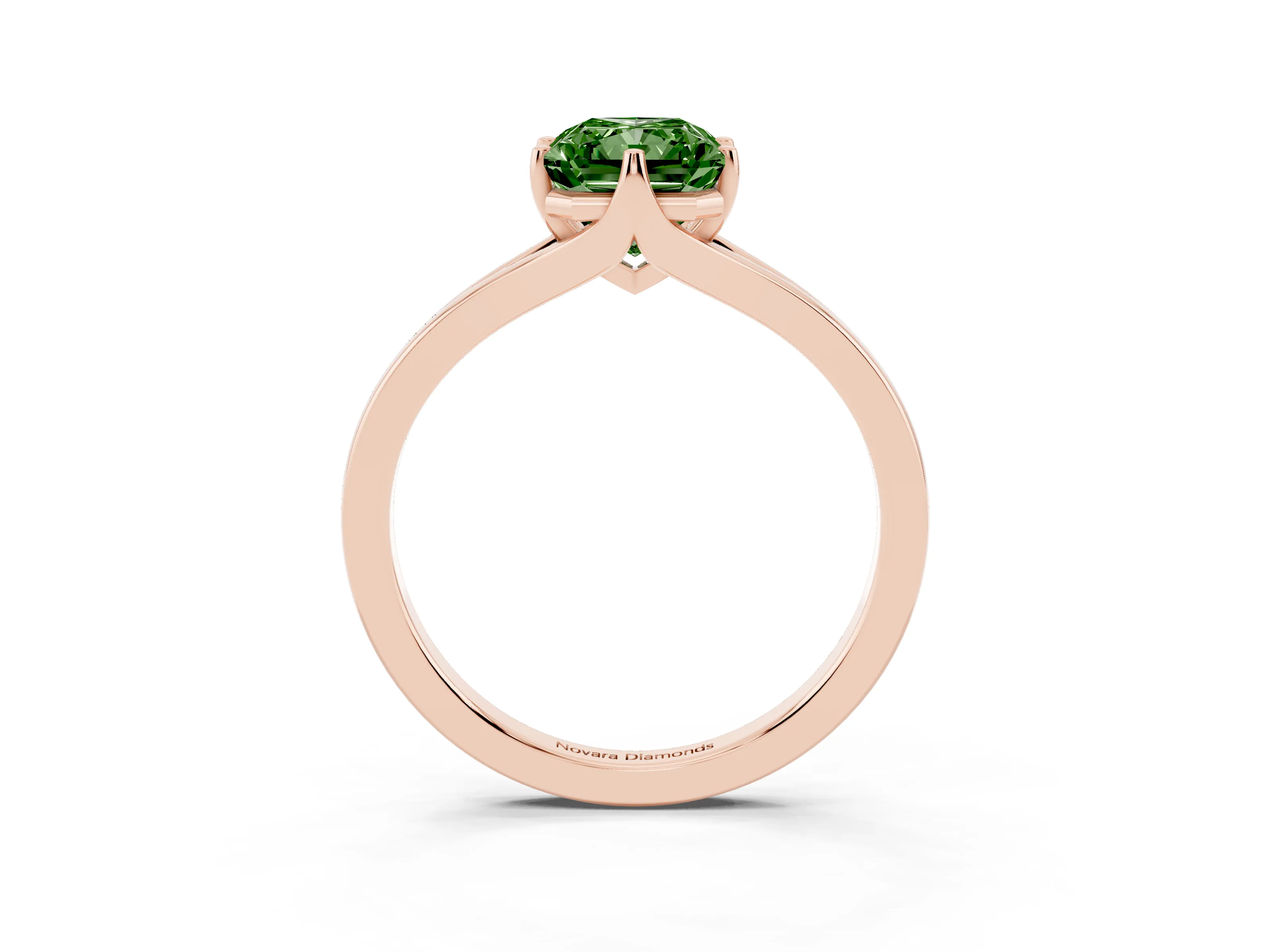 Fancy Green Radiant Cut Diamond Solitaire Ring Set in Rose gold with Polished Tapered Band and Prong Setting