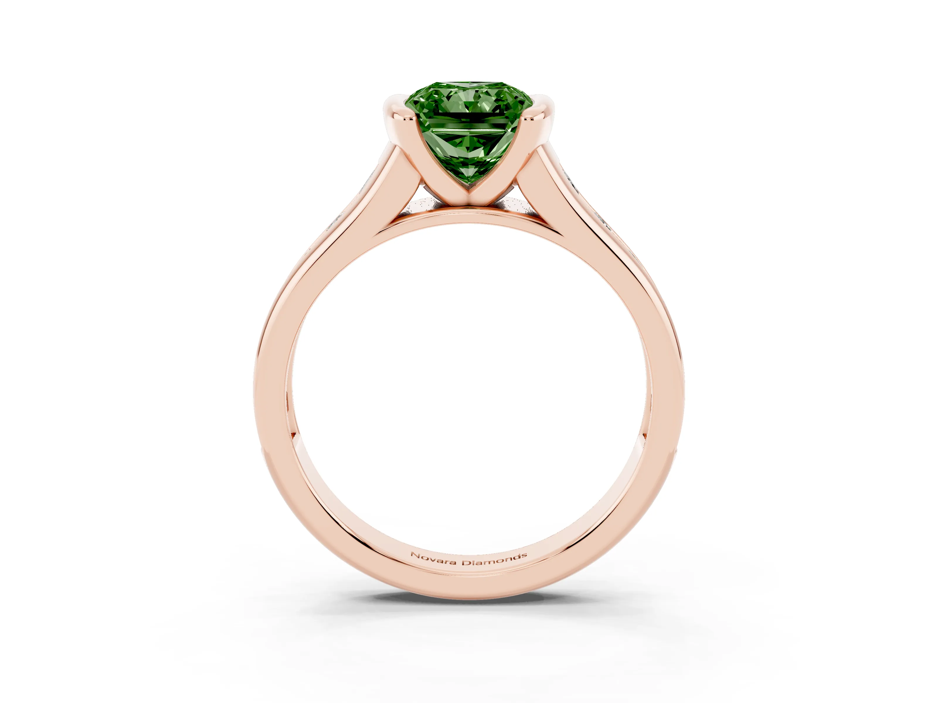 Fancy Green Radiant Cut Diamond Bezel-Set Solitaire Ring Set in Rose gold with Channel-Set Band