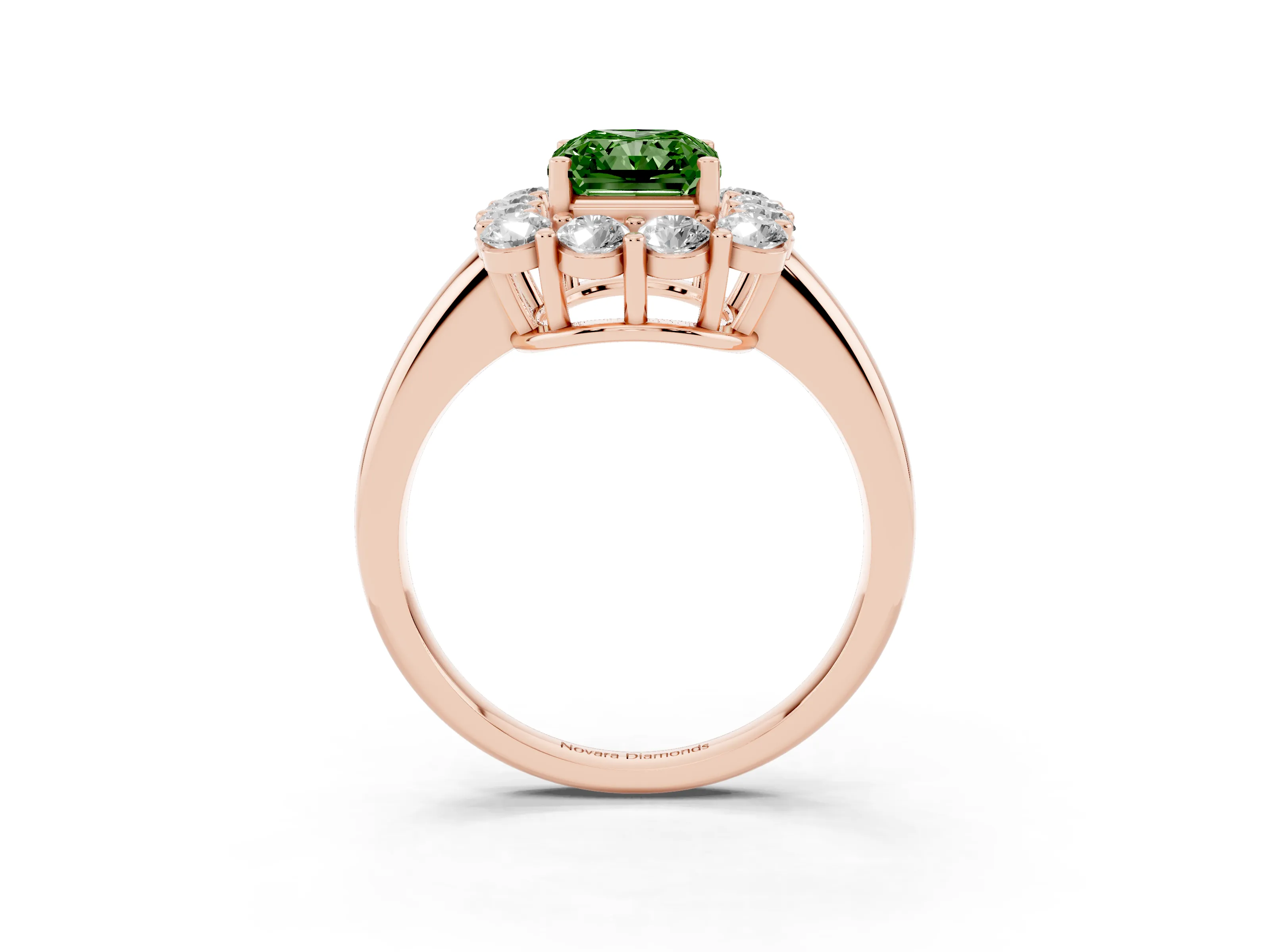 Fancy Green Radiant Cut Diamond Halo Cluster Engagement Ring Set in Rose gold with Polished Band and Prong Setting
