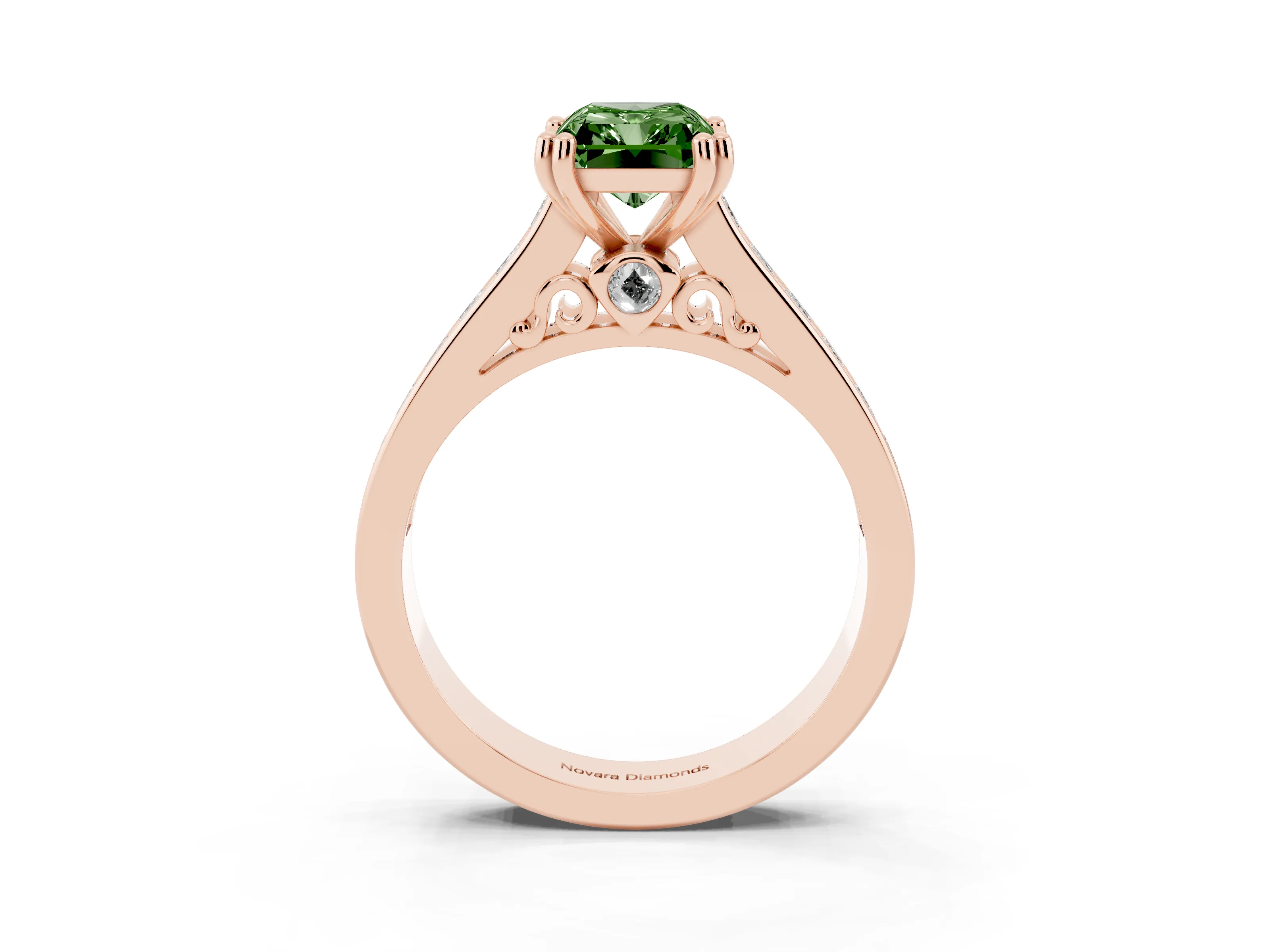 Fancy Green Radiant Cut Diamond Channel Set Solitaire Engagement Ring Set in Rose gold with Prong Setting