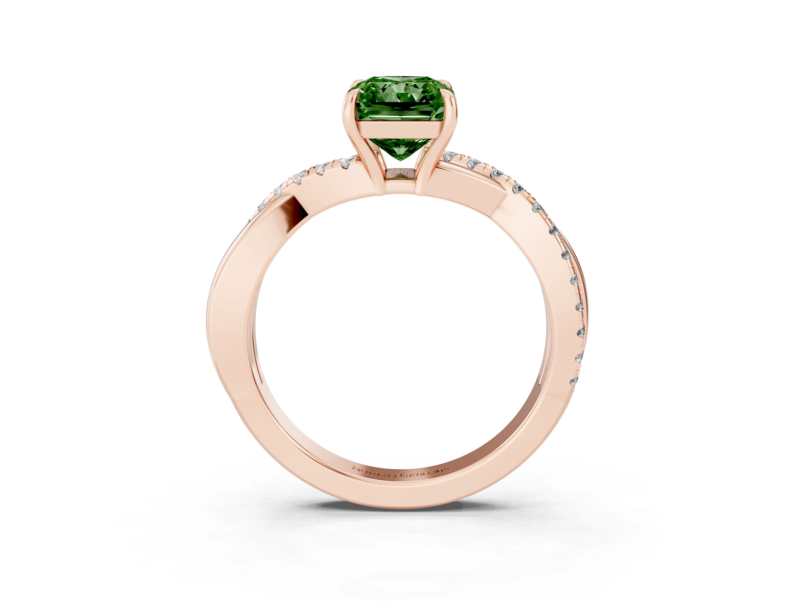 Fancy Green Radiant Cut Diamond Twisted Pavé Band Ring Set in Rose gold with Prong Setting