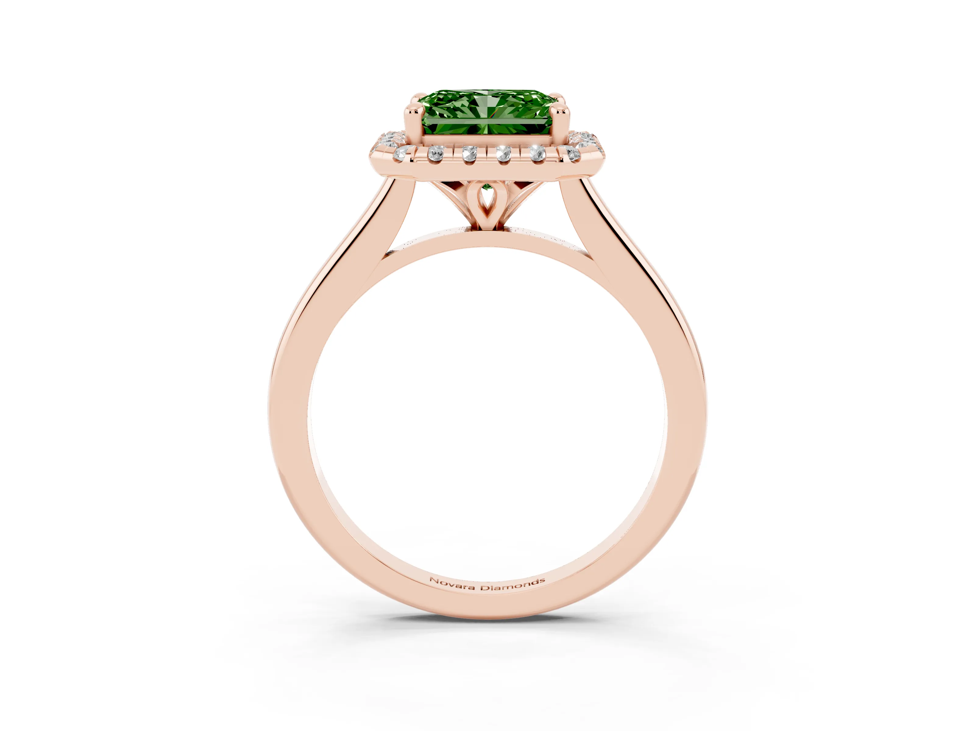 Fancy Green Radiant Cut Diamond Halo Engagement Ring Set in Rose gold with Pavé Band and Rising Shoulders