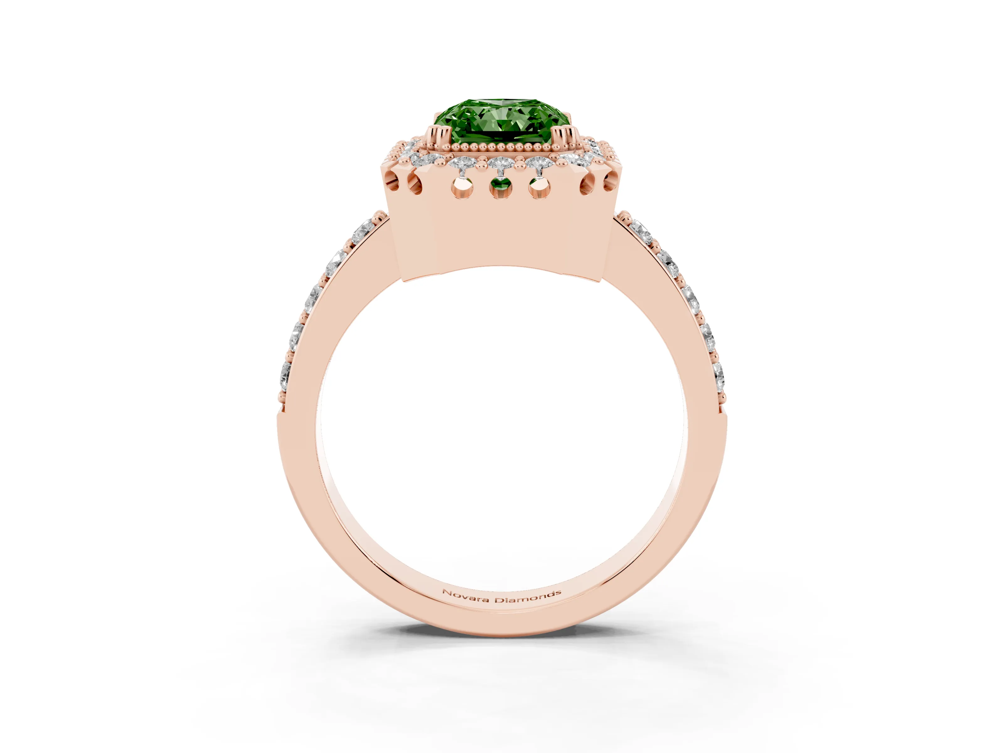 Fancy Green Radiant Cut Diamond Halo Ring Set in Rose gold with Pavé Shank and Prong Setting