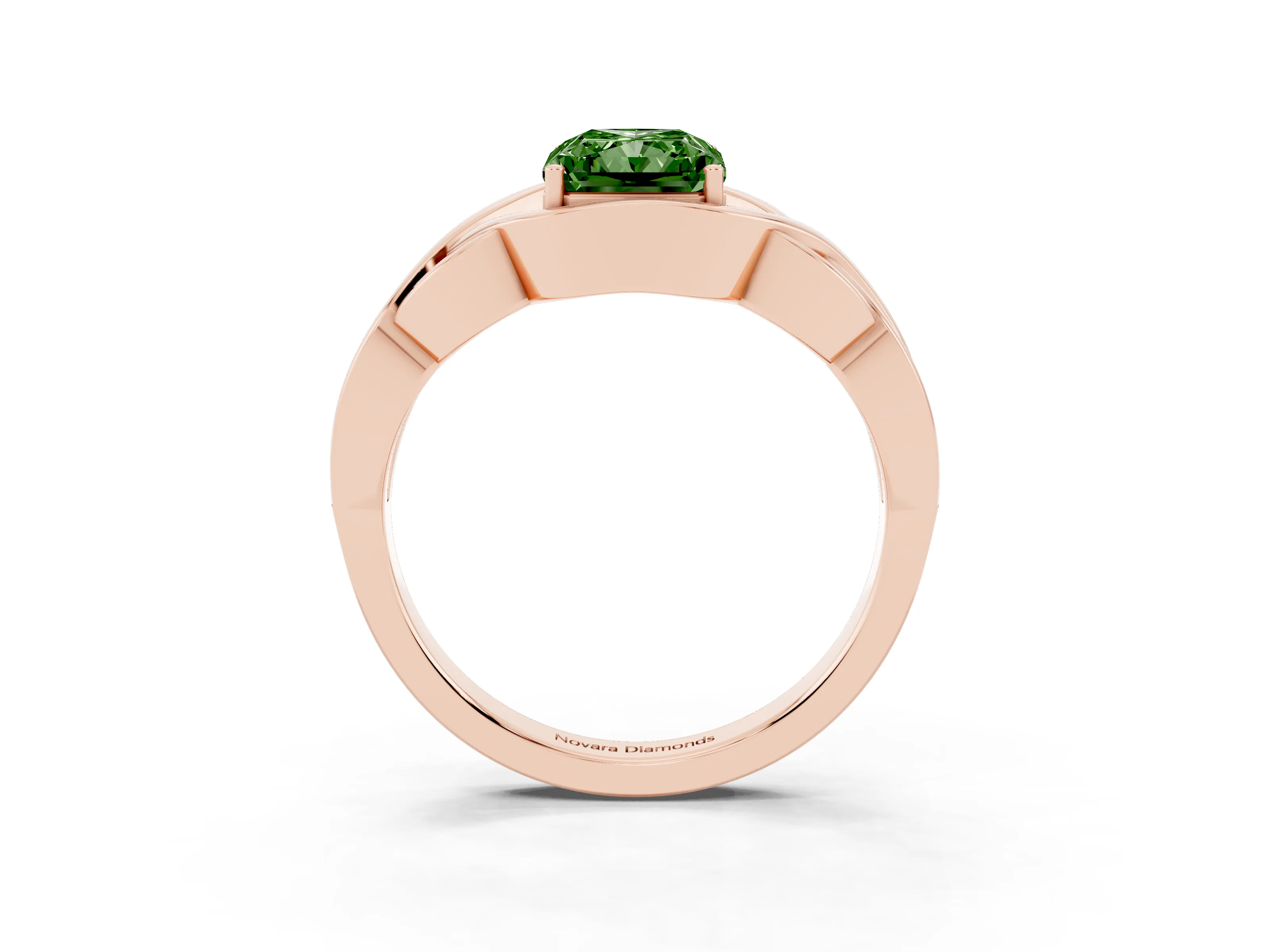 Fancy Green Radiant Cut Diamond Solitaire Ring Set in Rose gold with Intertwined Band
