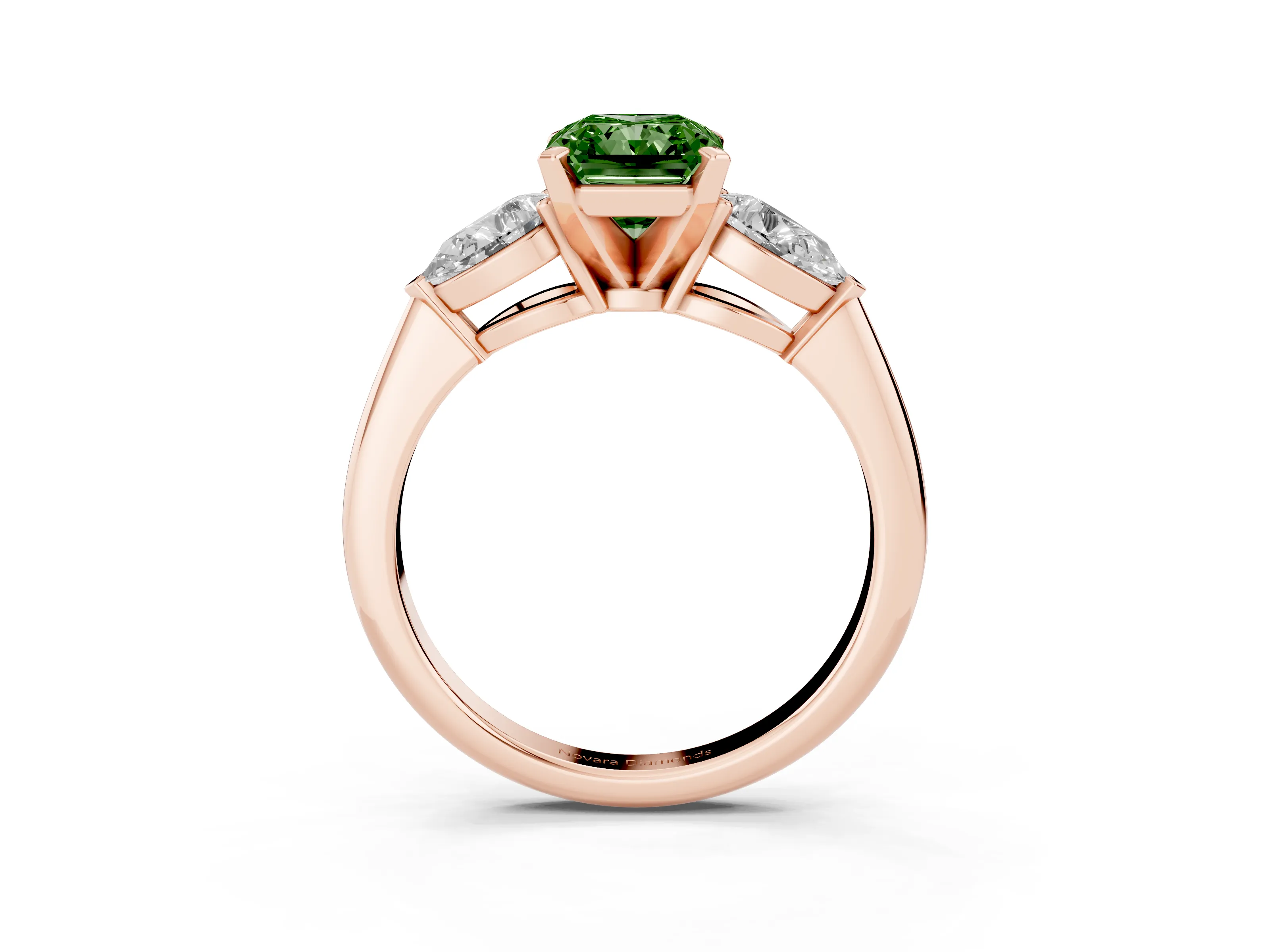 Fancy Green Three-Stone Radiant Cut Diamond Ring Set in Rose gold with Pear Side Stones and Prong Setting