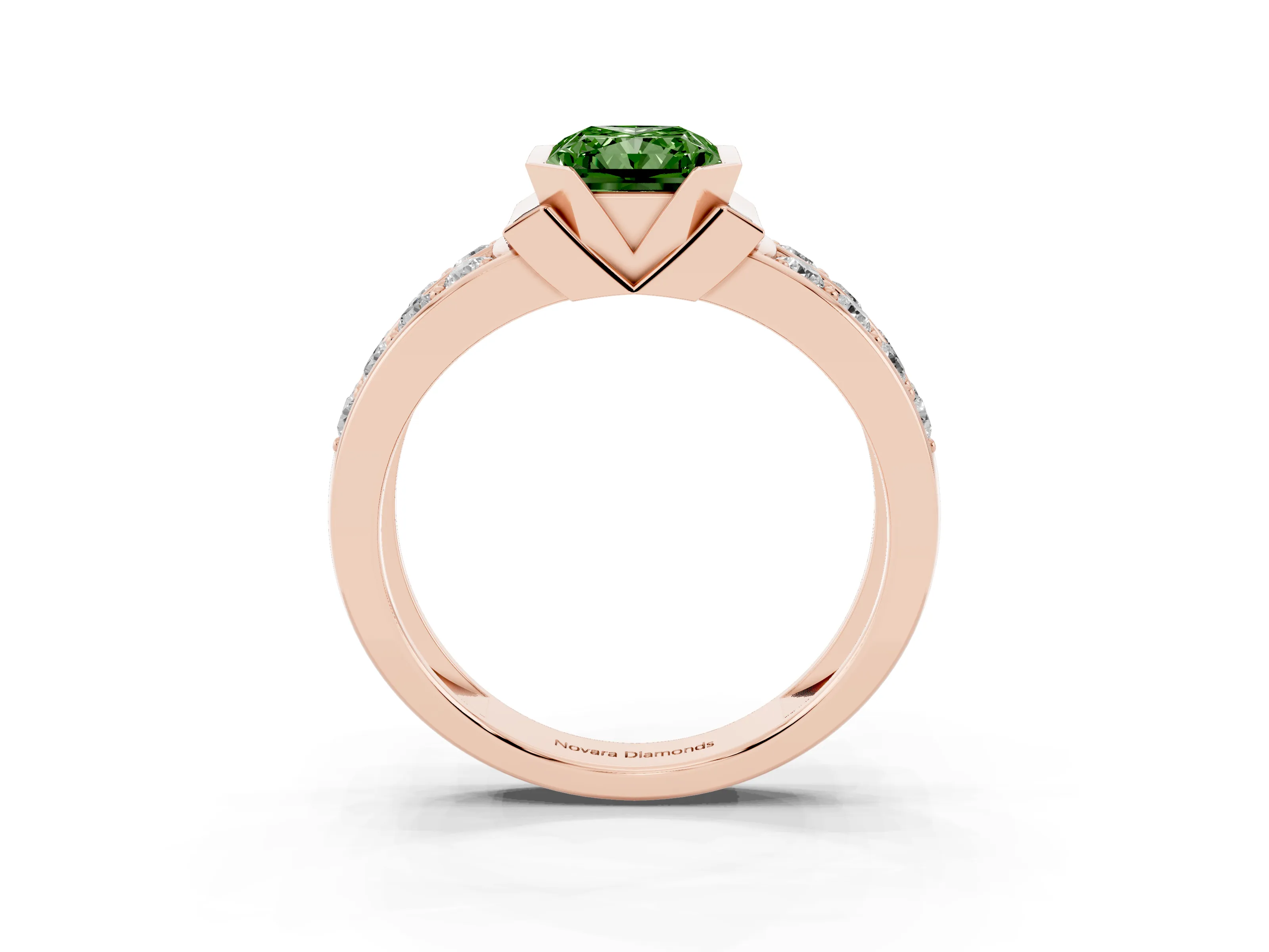 Fancy Green Radiant Cut Diamond Wide Channel Set Band Ring Set in Rose gold with Bezel Setting