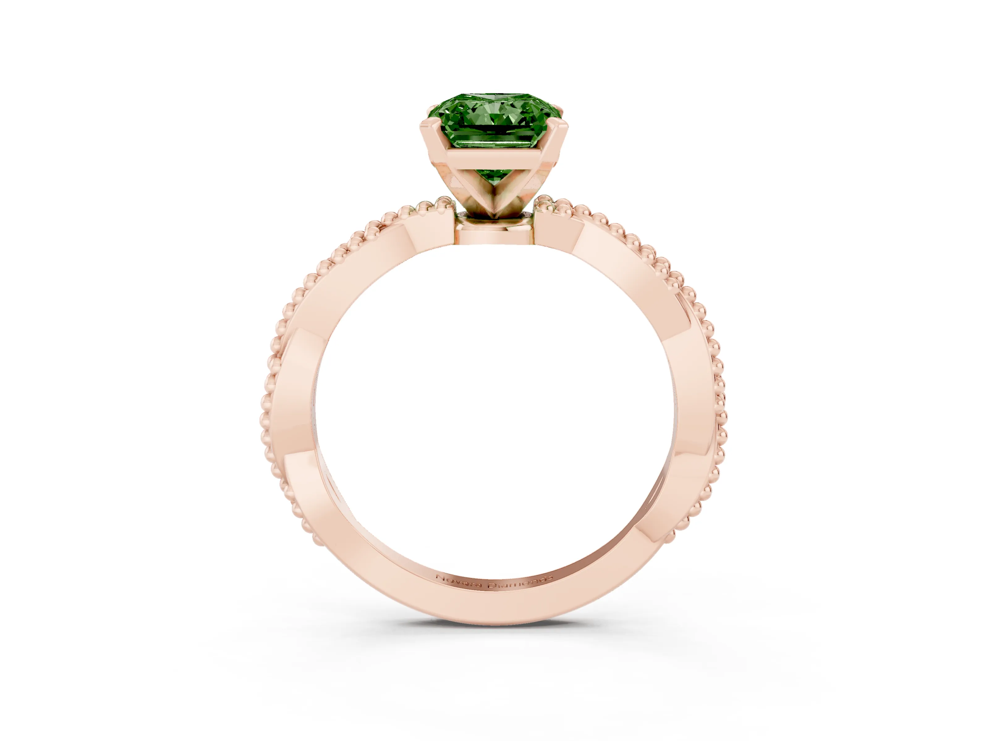 Fancy Green Radiant Cut Diamond Solitaire Ring Set in Rose gold with Twisted Band and Bead Prong Setting
