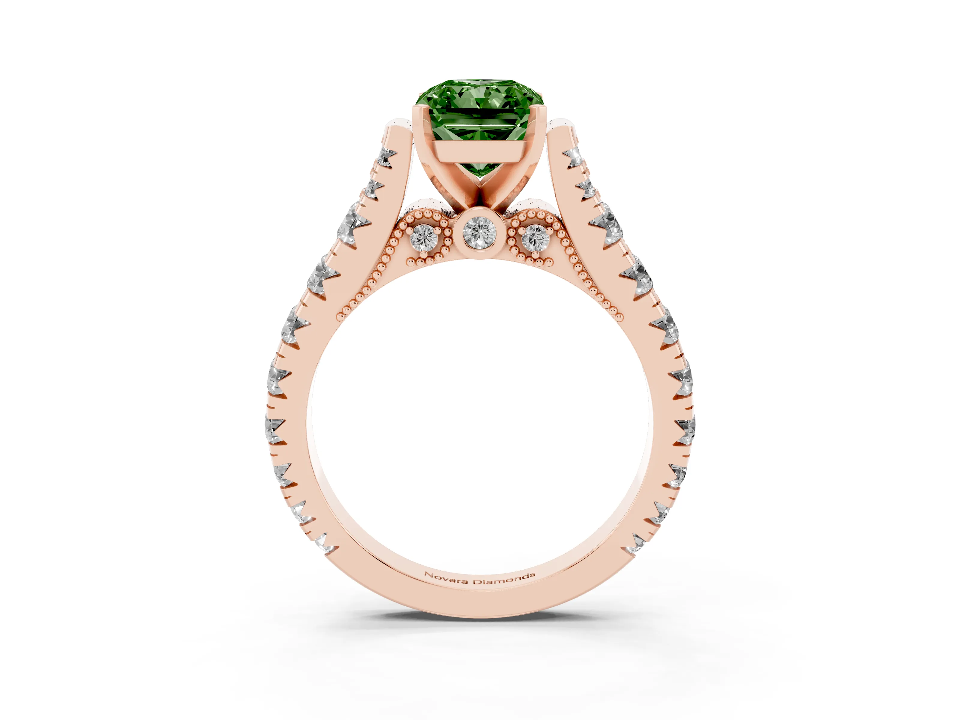 Fancy Green Radiant Cut Diamond Classic Solitaire Ring Set in Rose gold with Pavé Band and Prong Setting