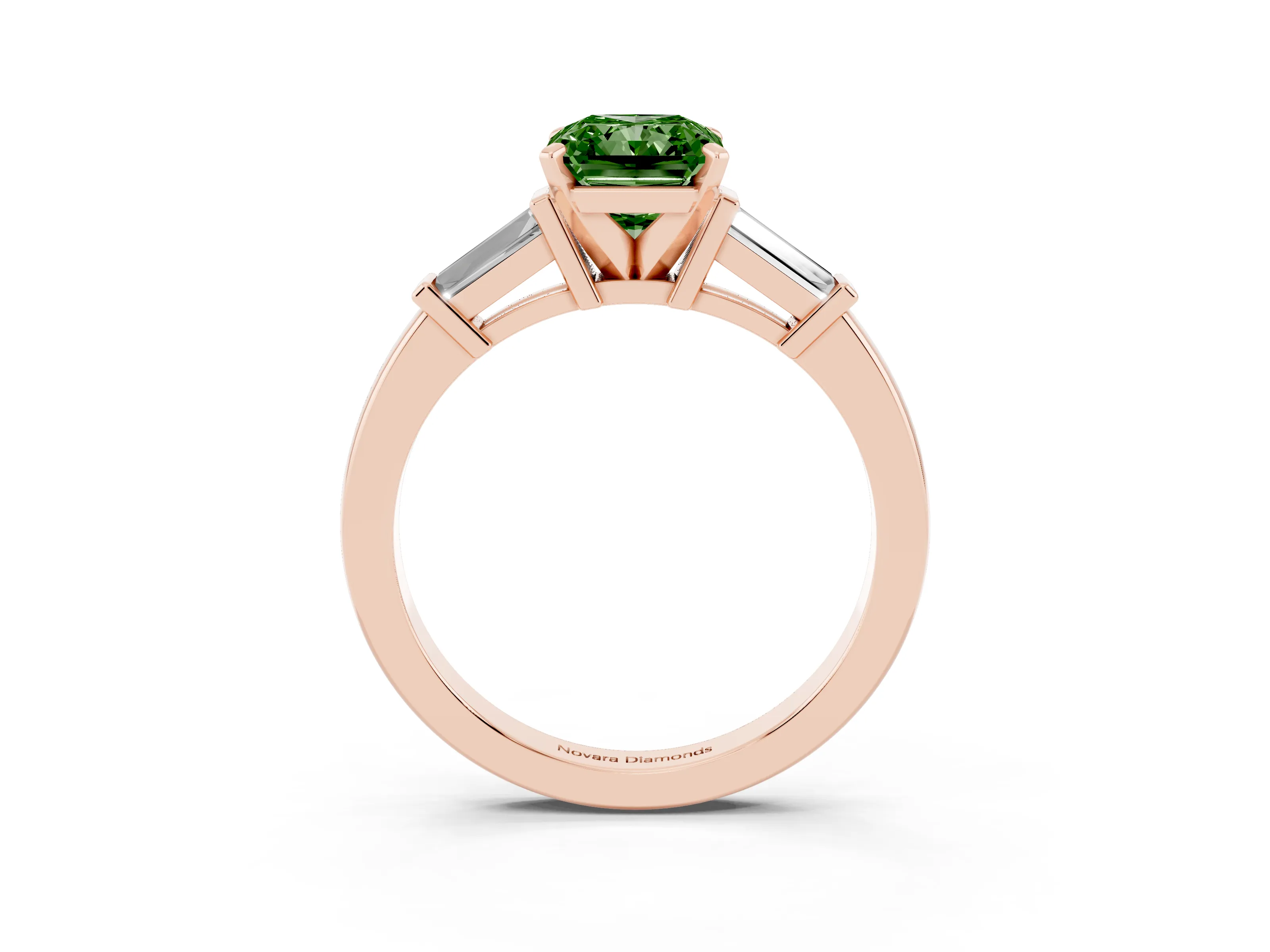 Fancy Green Radiant Cut Diamond Solitaire Ring Set in Rose gold with Tapered Baguette Accents and Prong Setting