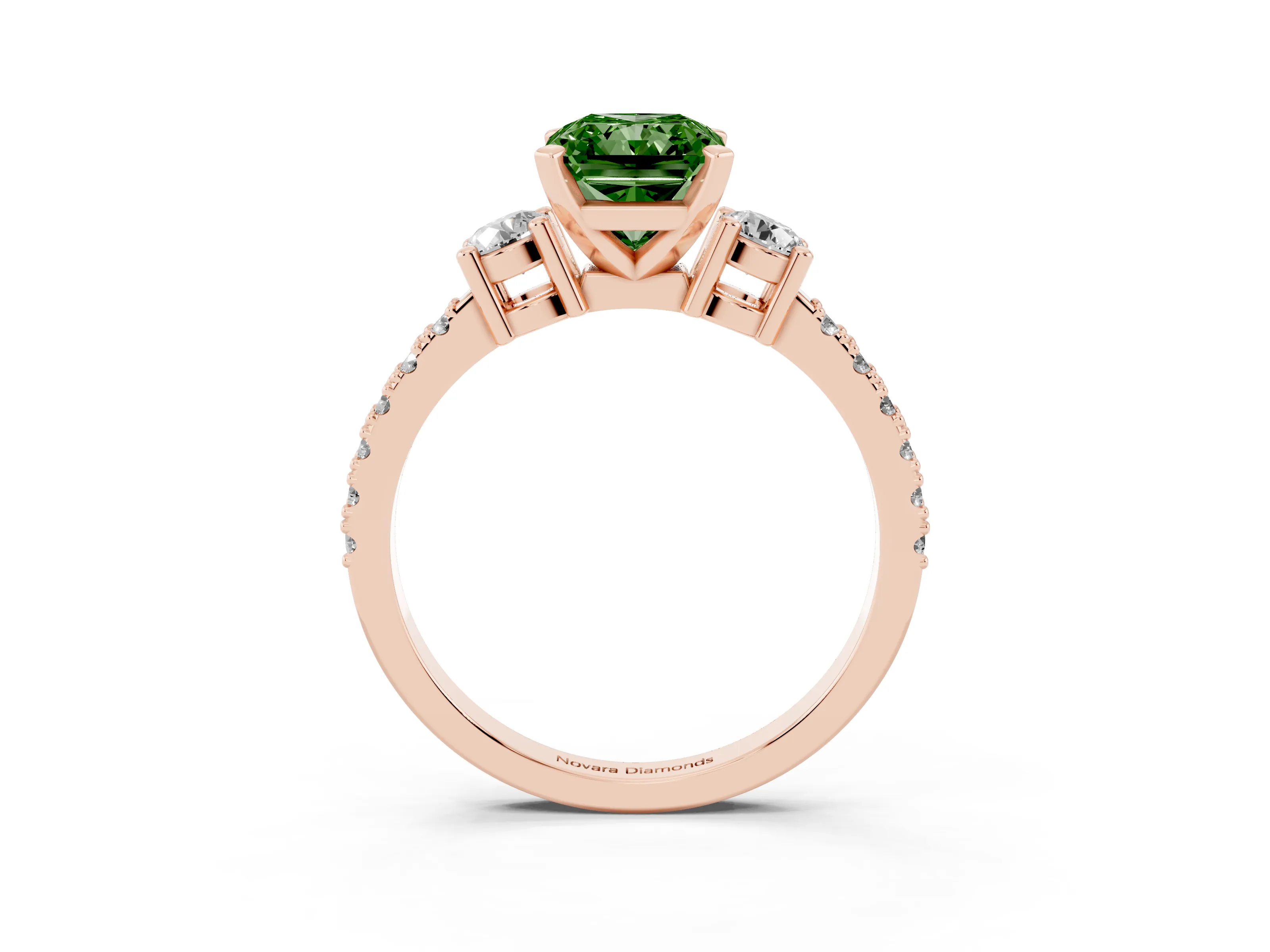 Fancy Green Three-Stone Radiant Cut Diamond Pavé Band Ring Set in Rose gold with Prong Setting