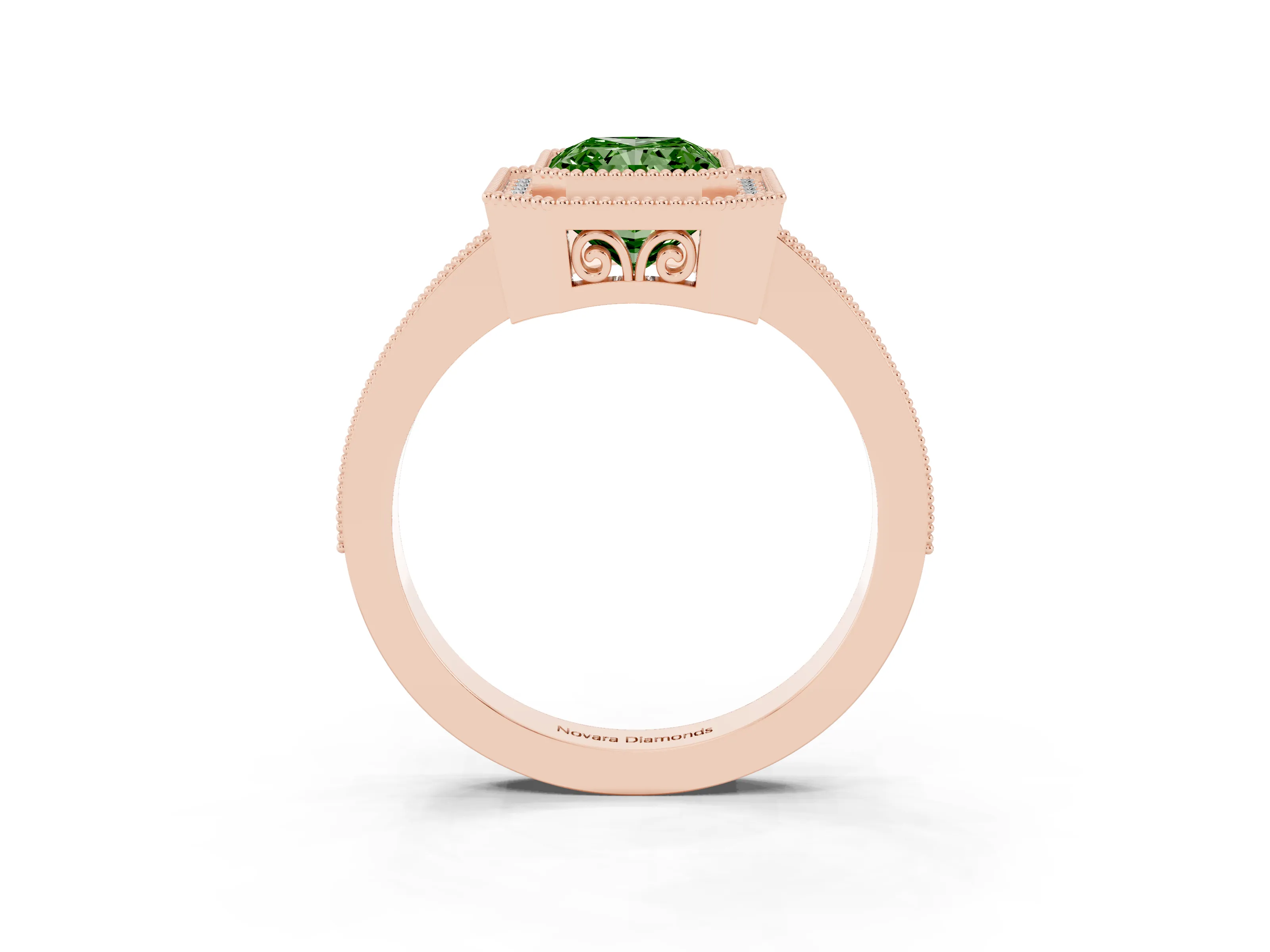Fancy Green Radiant Cut Diamond Halo Ring Set in Rose gold with Pavé Band and Milgrain-Edged Prongs