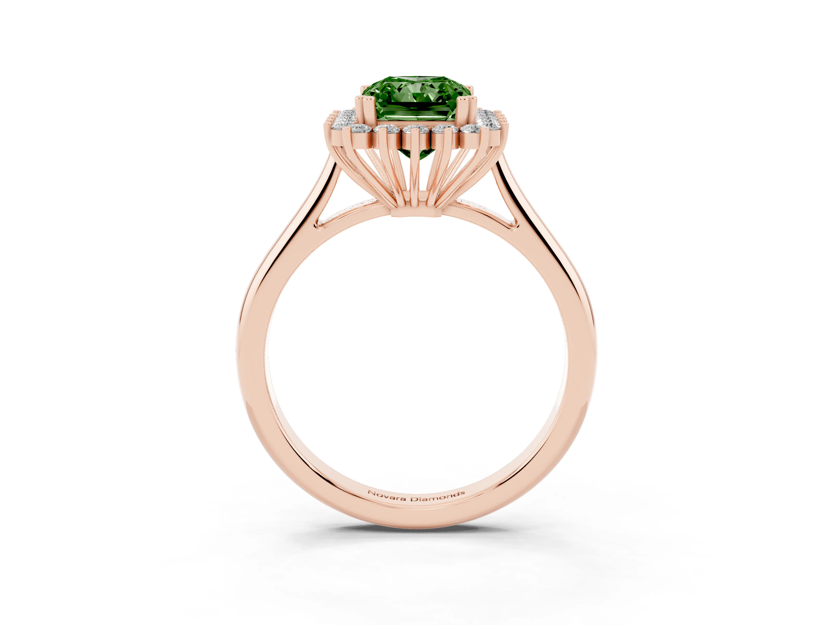 Fancy Green Radiant Cut Diamond Halo Ring Set in Rose gold with Plain Solitaire Band and Prong Setting