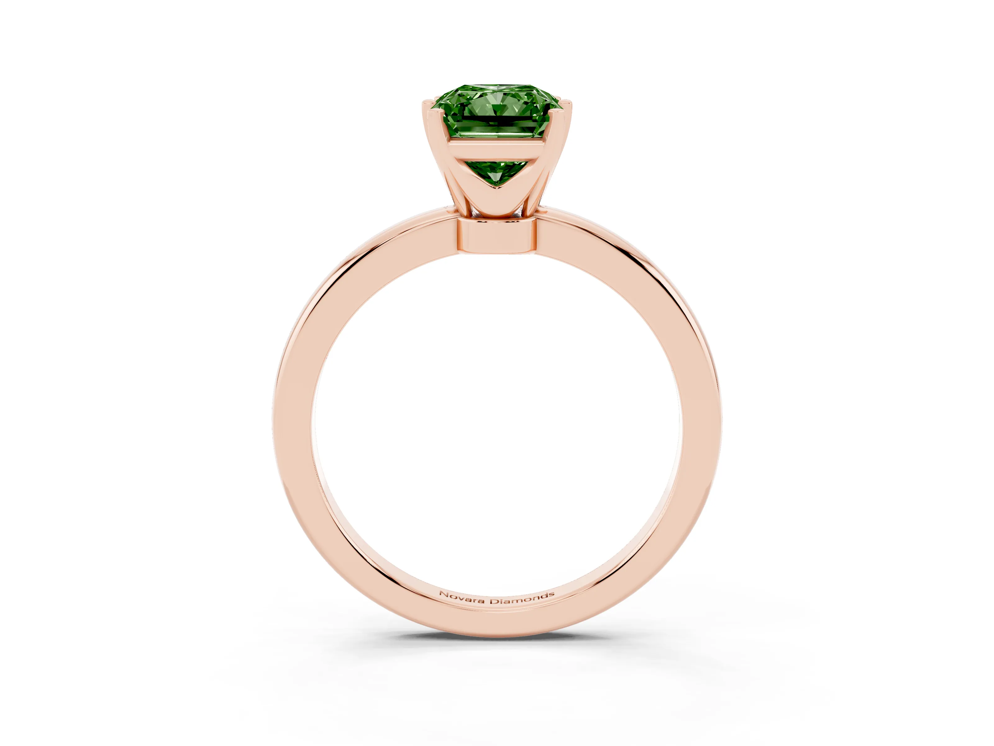 Fancy Green Radiant Cut Diamond Solitaire Ring Set in Rose gold with Raised Prong Setting on a Classic Band