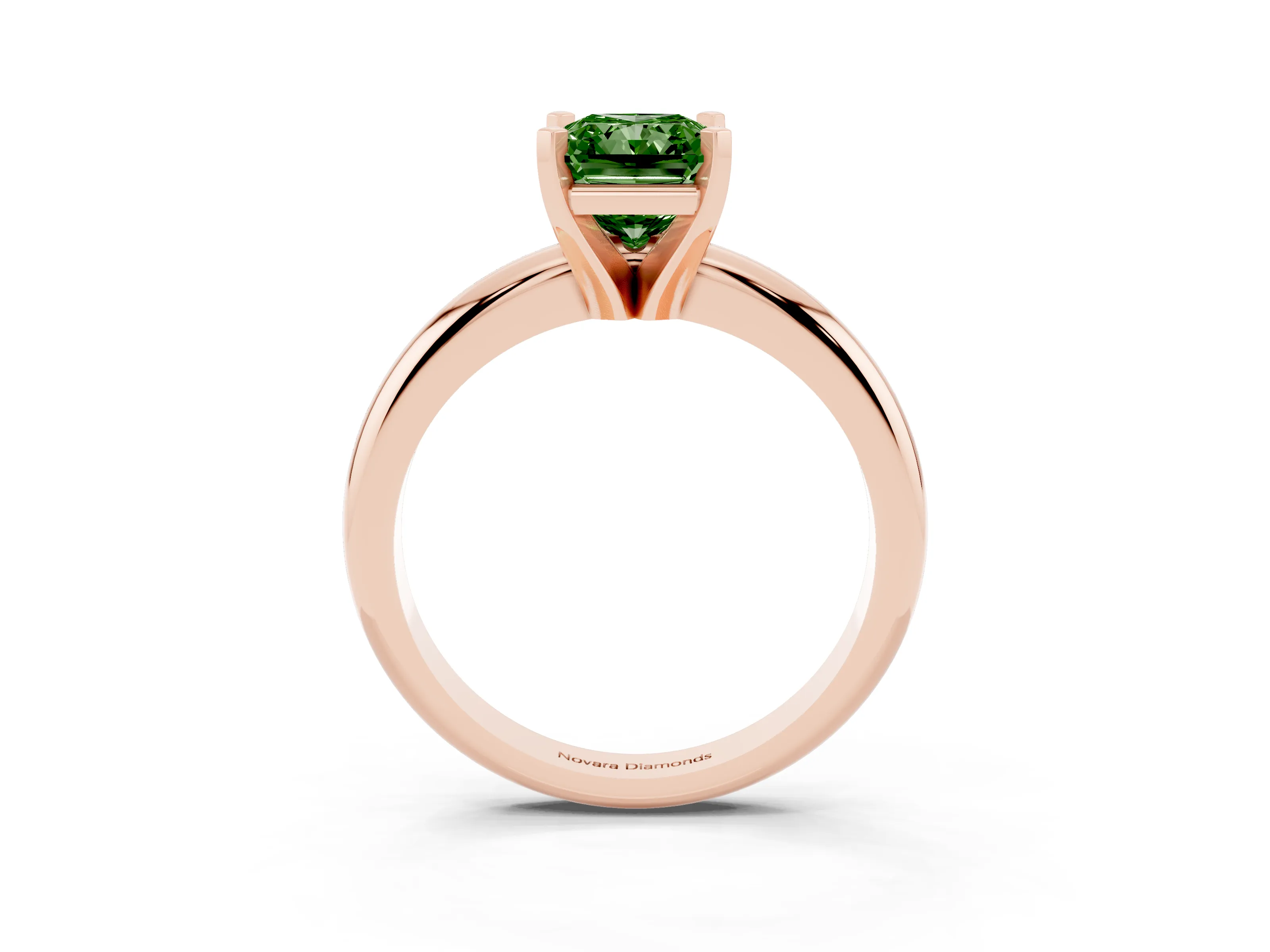 Fancy Green Radiant Cut Diamond Solitaire Engagement Ring Set in Rose gold with Round Band and Prong Setting