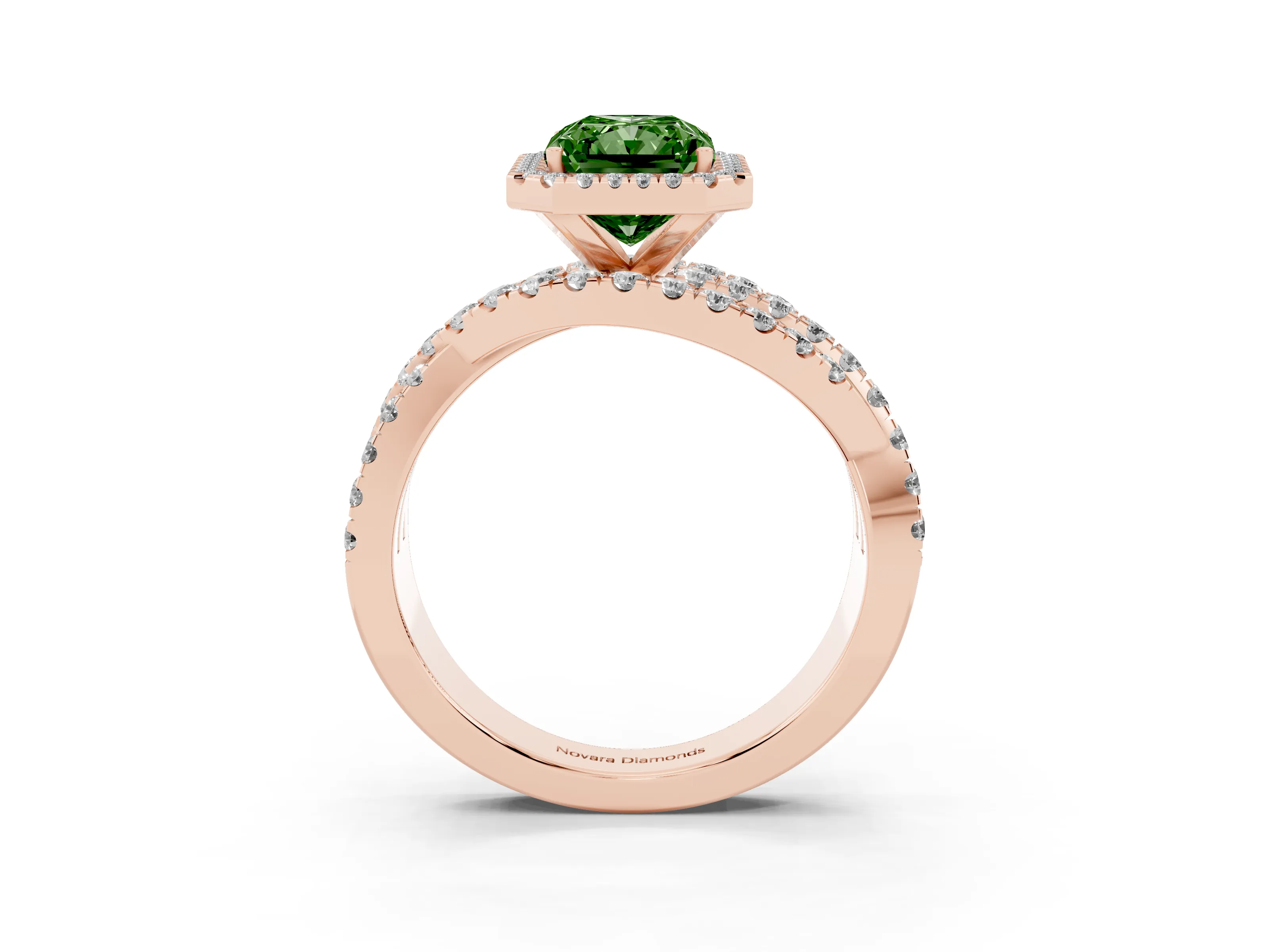 Fancy Green Radiant Cut Diamond Halo Ring Set in Rose gold with Round Crossover Split Shank and Prong Setting