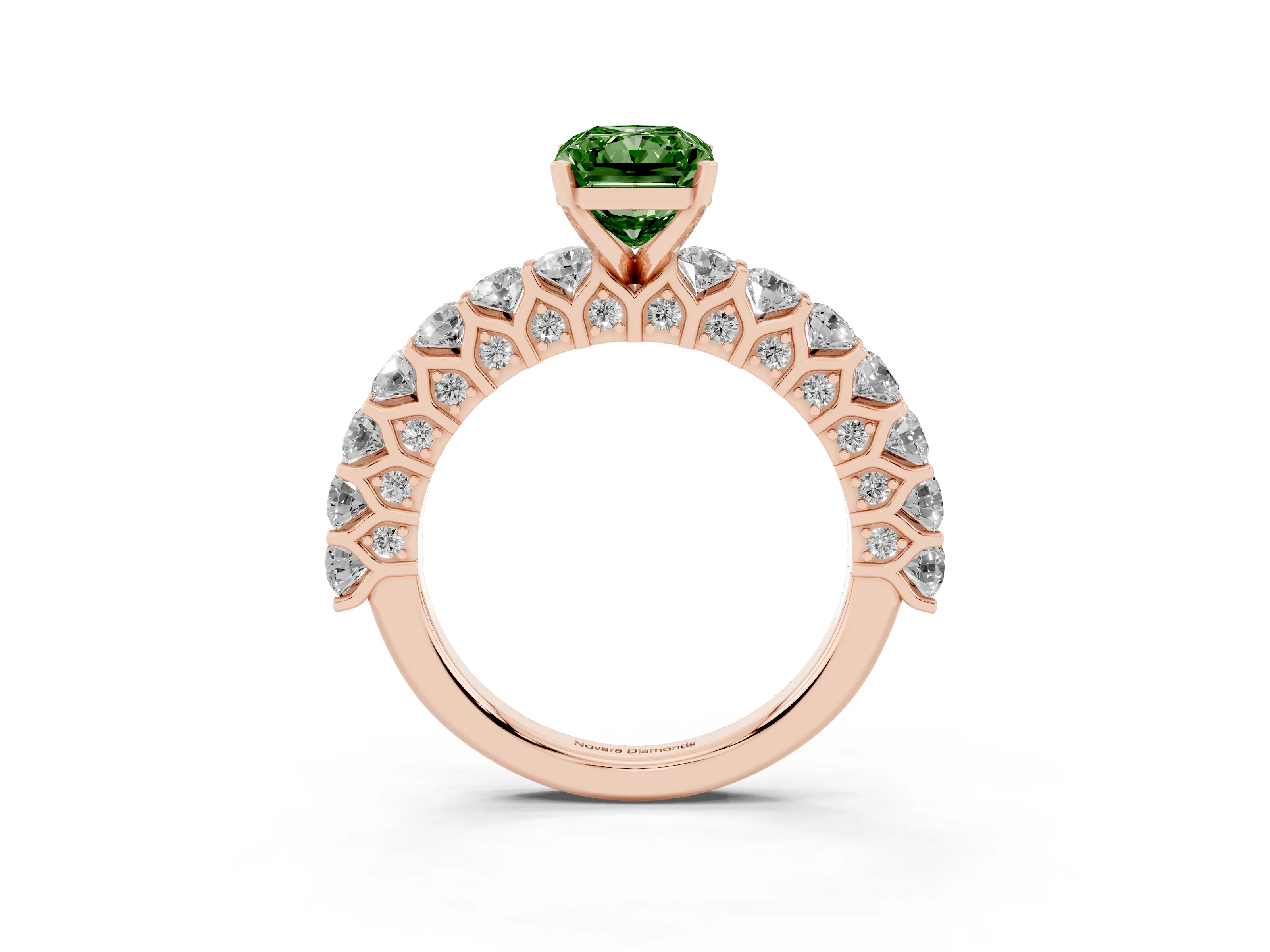 Fancy Green Radiant Cut Diamond Solitaire Ring Set in Rose gold with Shared Prong Pavé Band