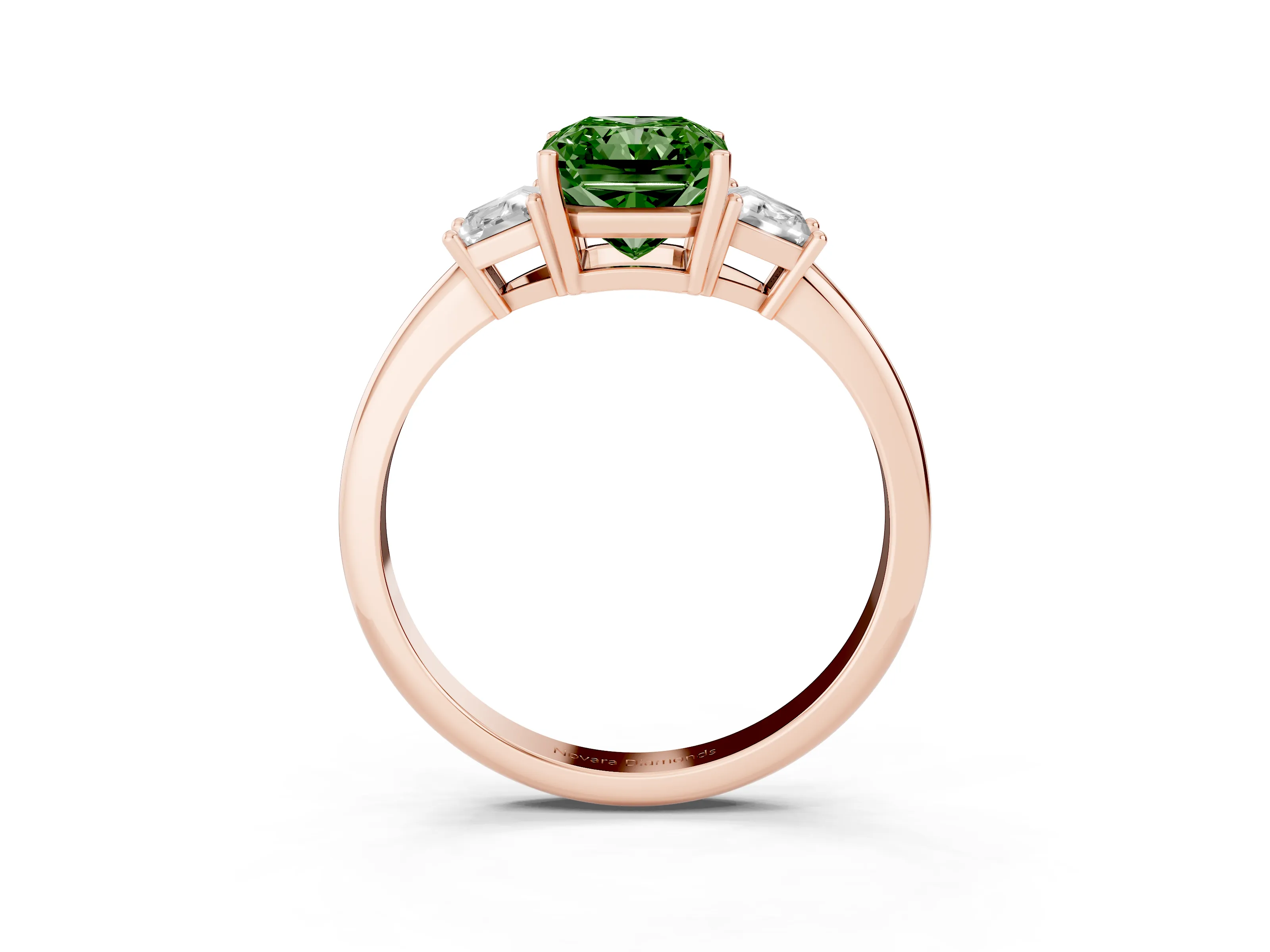 Fancy Green Radiant Cut Diamond Three-Stone Ring Set in Rose gold with Trapezoid Side Stones and Prong Setting