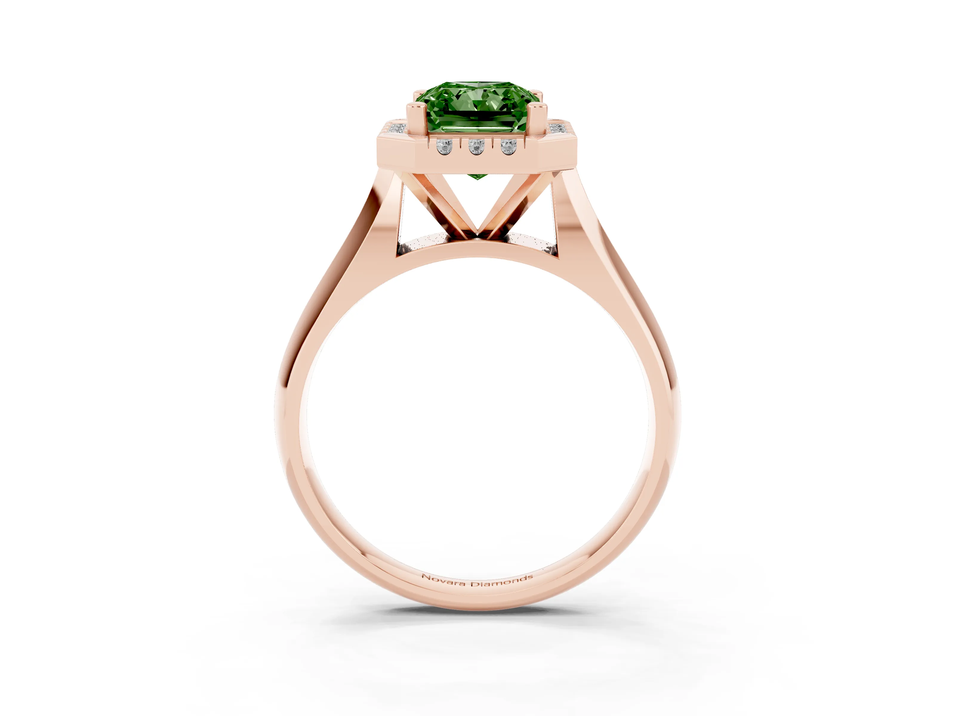 Fancy Green Radiant Cut Diamond Halo Solitaire Engagement Ring Set in Rose gold with Square Band and Prong Setting