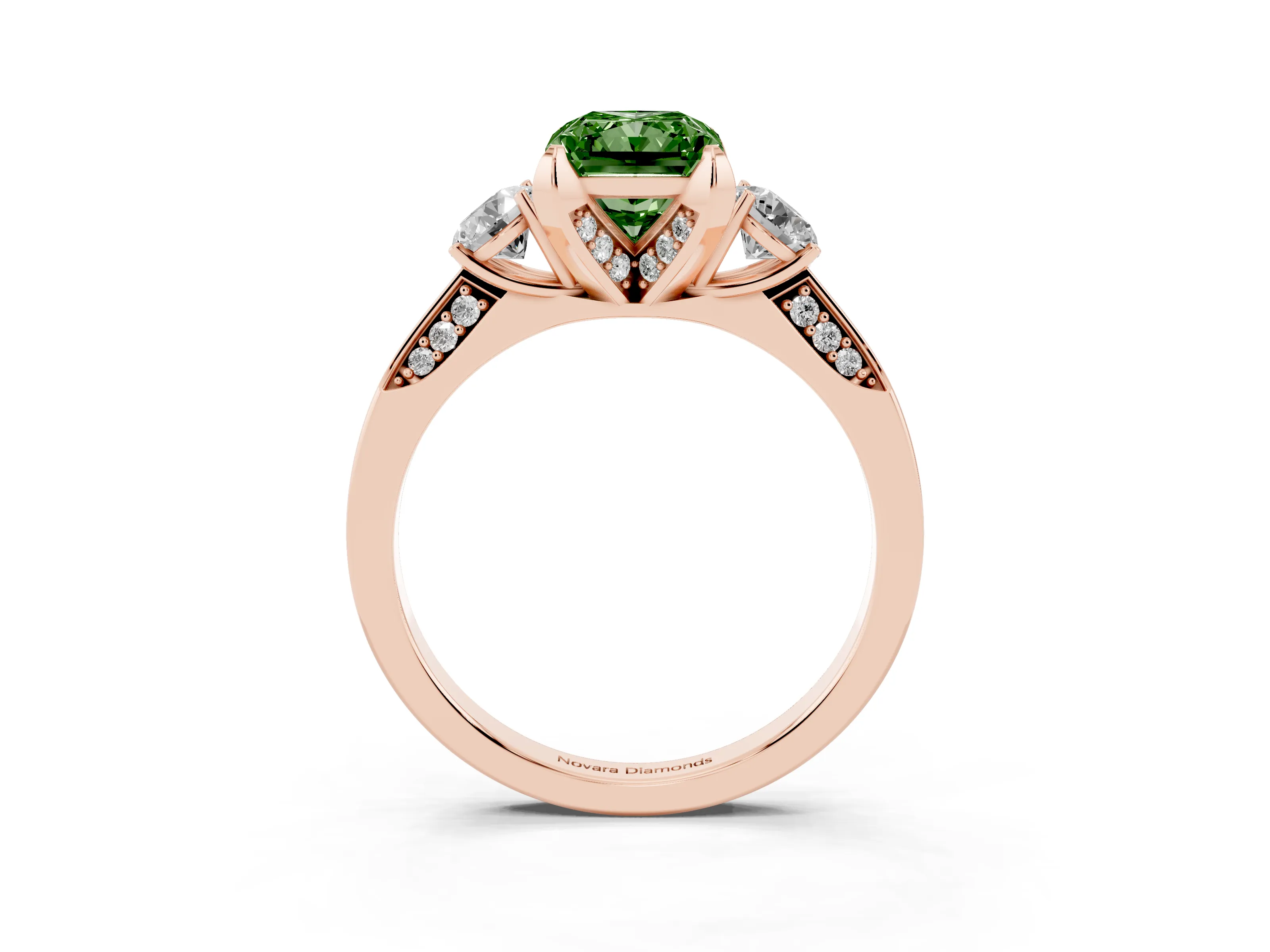 Fancy Green Radiant Cut Diamond Three-Stone Ring Set in Rose gold with Pavé Band and Smaller Side Stones