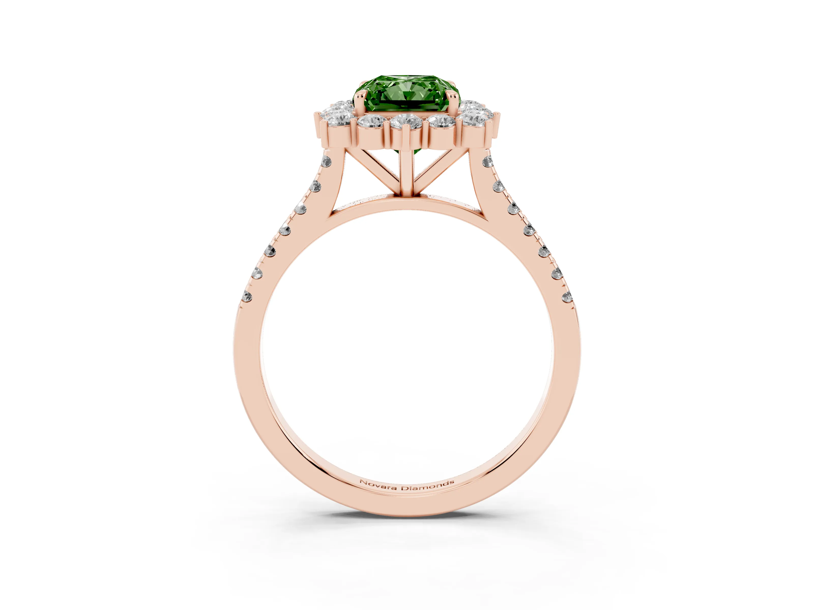 Fancy Green Radiant Cut Diamond Halo Ring Set in Rose gold with Pavé Band and Prong Setting