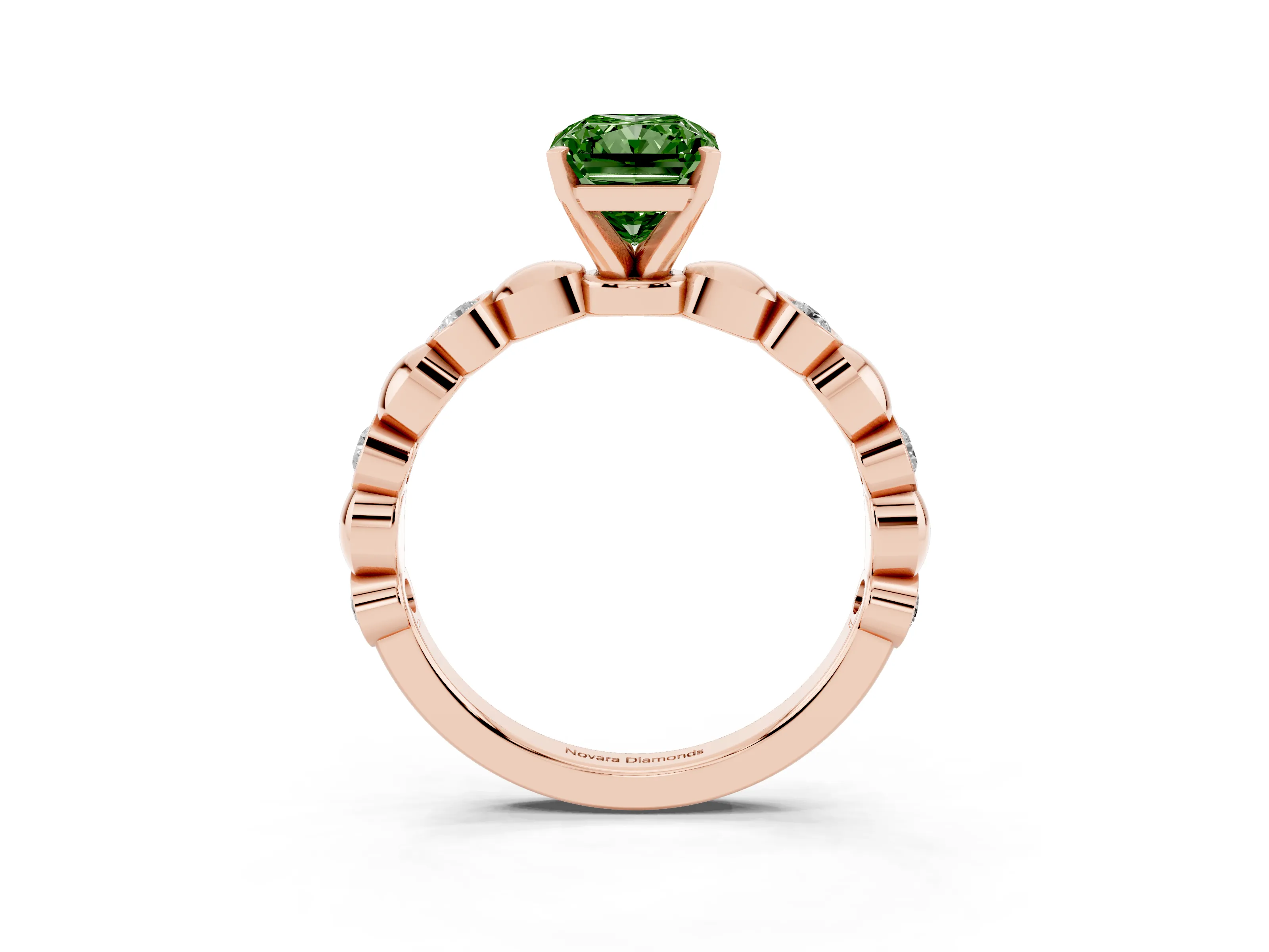 Fancy Green Radiant Cut Diamond Solitaire Ring Set in Rose gold with Bezel-Set Accents on Beaded Band and Prong Setting