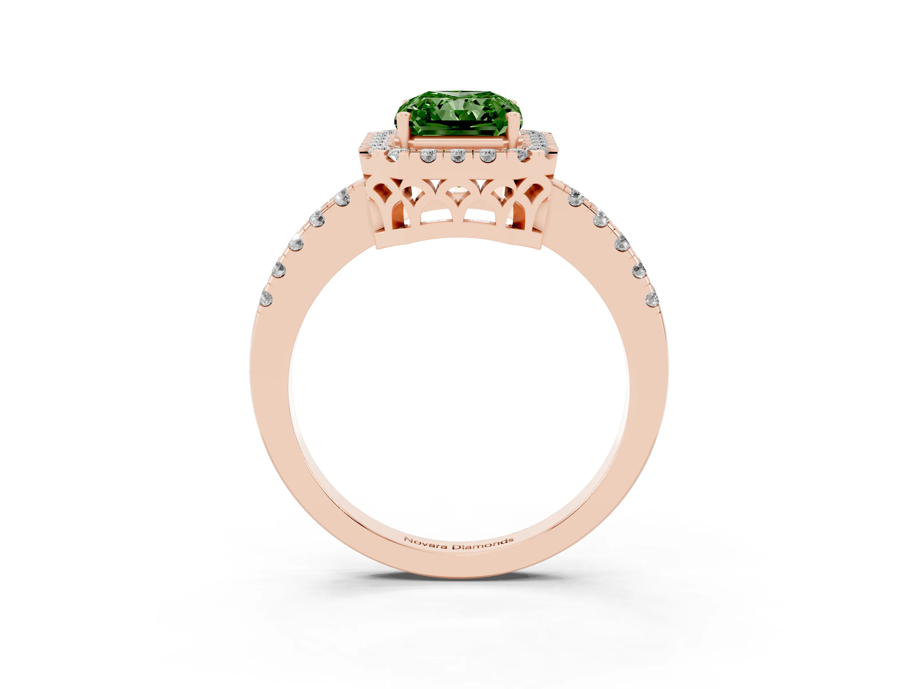 Fancy Green Radiant Cut Diamond Pavé Band Halo Engagement Ring Set in Rose gold with Prong Setting