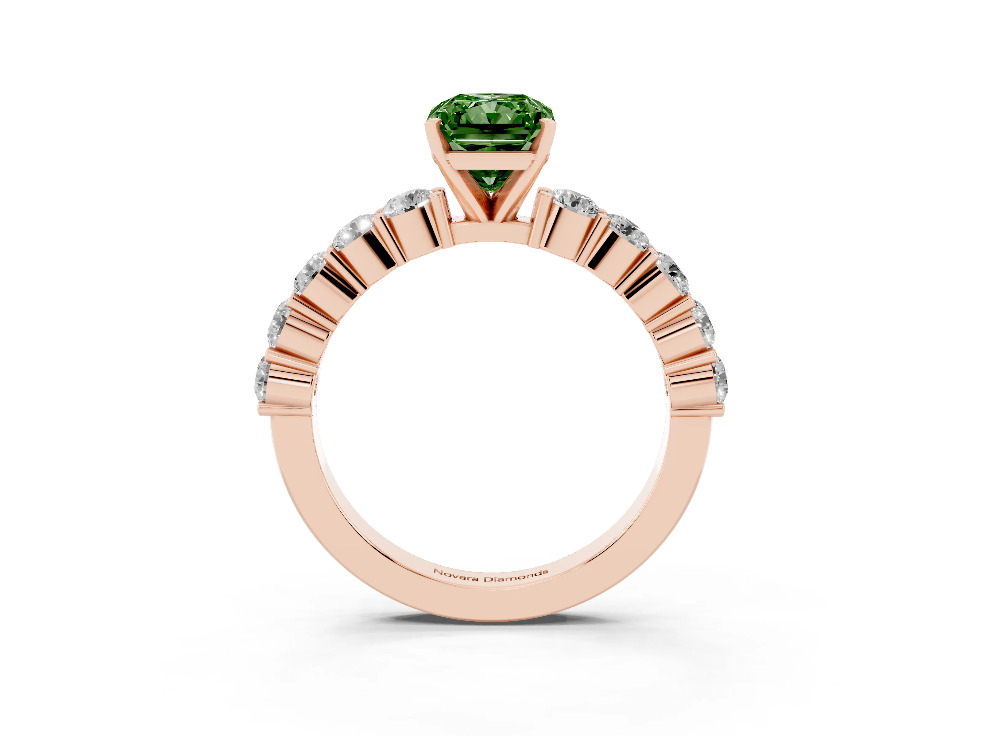 Fancy Green Radiant Cut Diamond Solitaire Ring Set in Rose gold with Shared Prong Round Side Stones