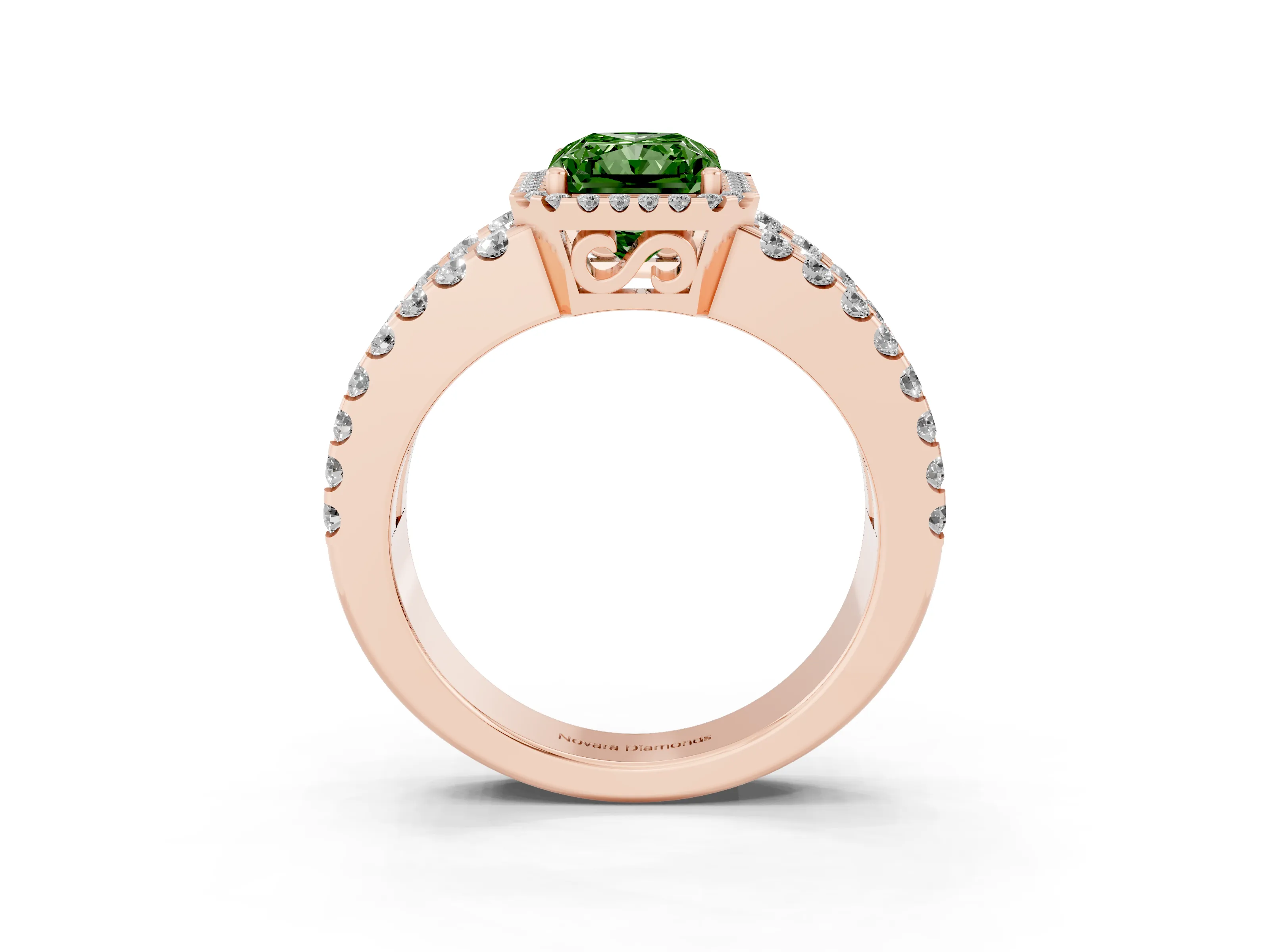 Fancy Green Radiant Cut Diamond Halo Ring Set in Rose gold with Pavé Split Shank and Prong Setting