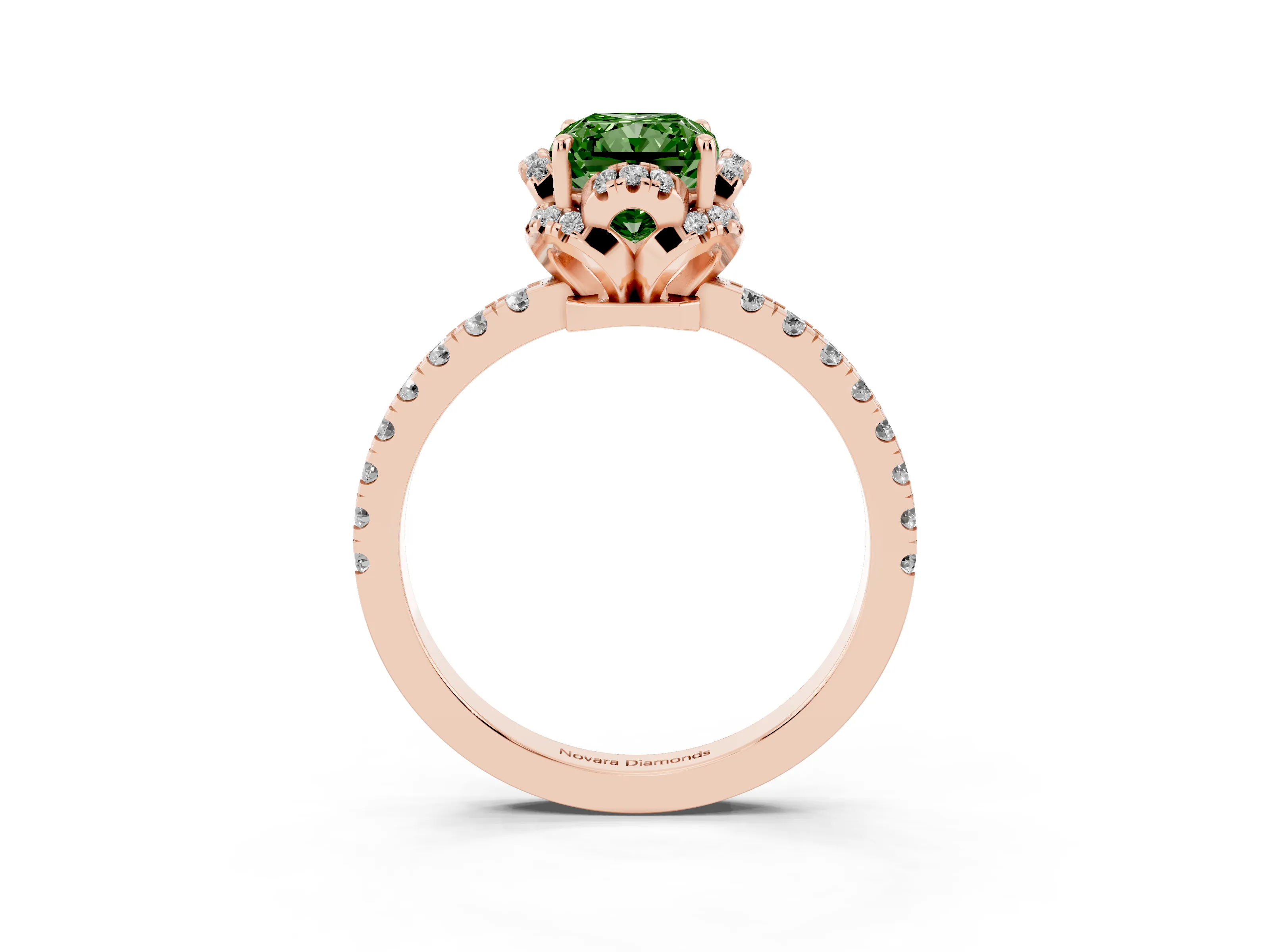 Fancy Green Radiant Cut Diamond Halo Pavé Band Ring Set in Rose gold with Prong-Held Center