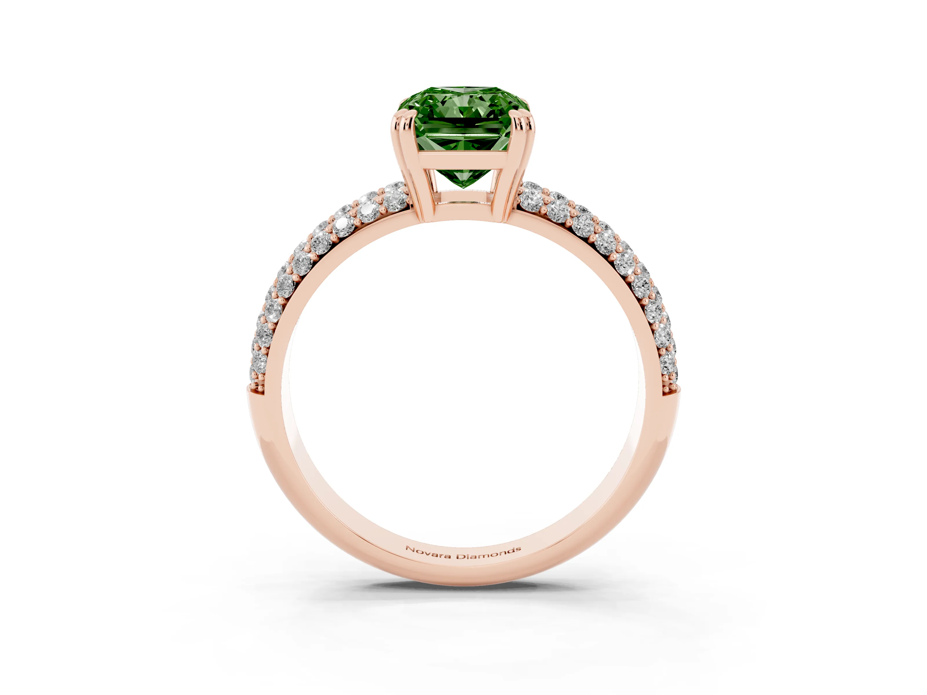 Fancy Green Radiant Cut Diamond Solitaire Ring Set in Rose gold with Multi-Row Round Pavé Band and Prong Setting
